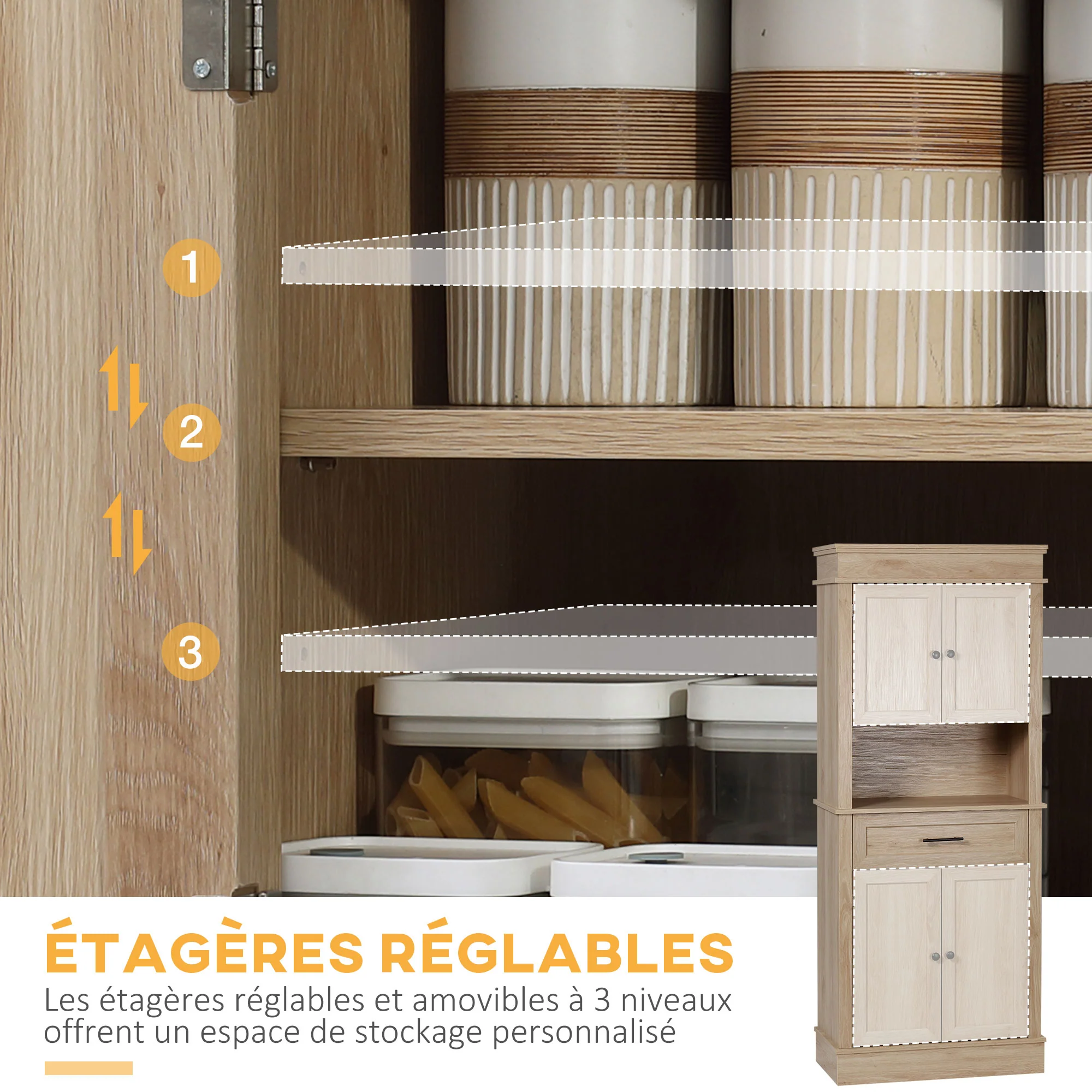 Armoire de cuisine buffet cuisine vaisselier meuble de rangement style moderne avec placards, étagères réglables, tiroir, et niche, pour salle à manger, salon, 74 x 39,5 x 183 cm, chêne clair - Image 6