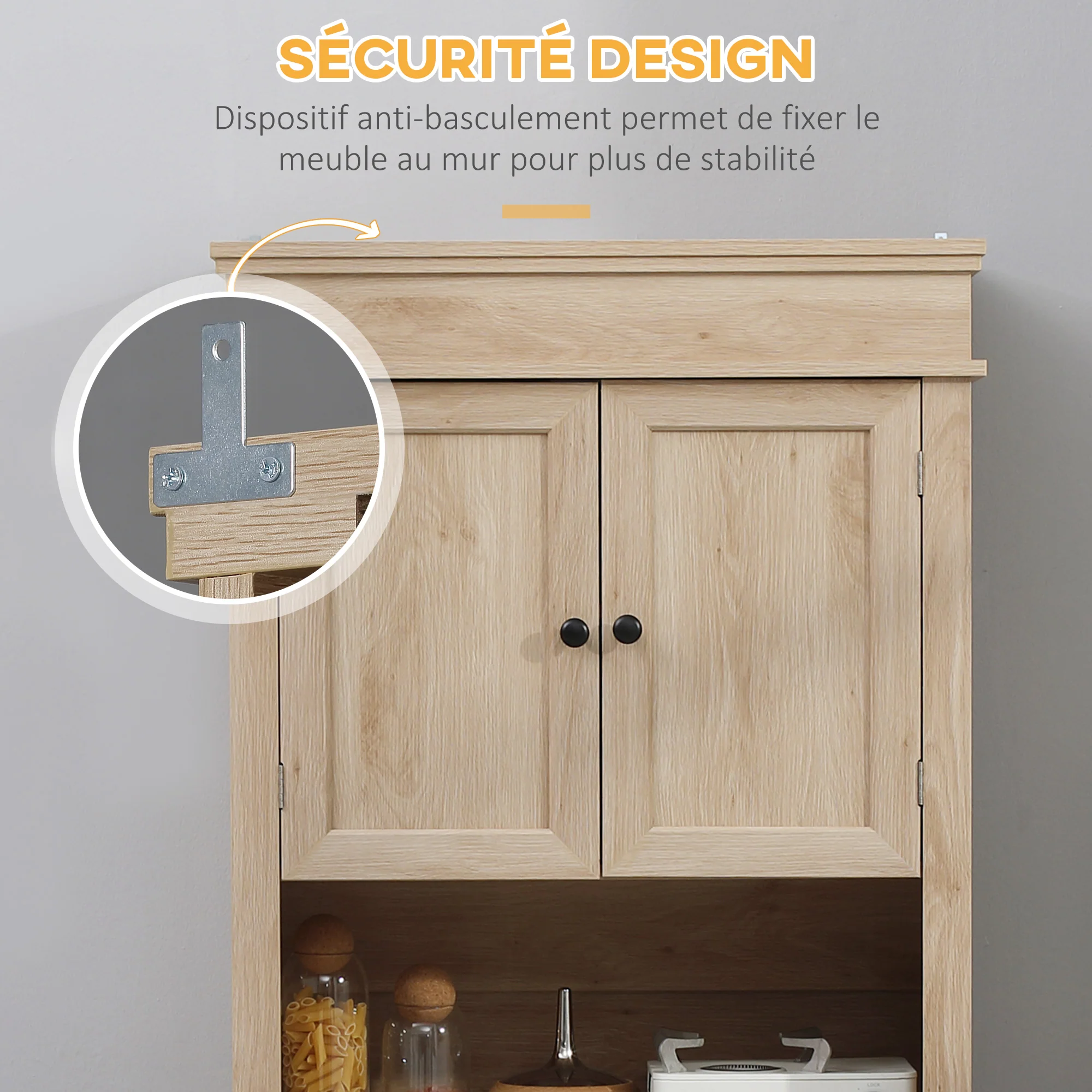 Armoire de cuisine buffet cuisine vaisselier meuble de rangement style moderne avec placards, étagères réglables, tiroir, et niche, pour salle à manger, salon, 74 x 39,5 x 183 cm, chêne clair - Image 7