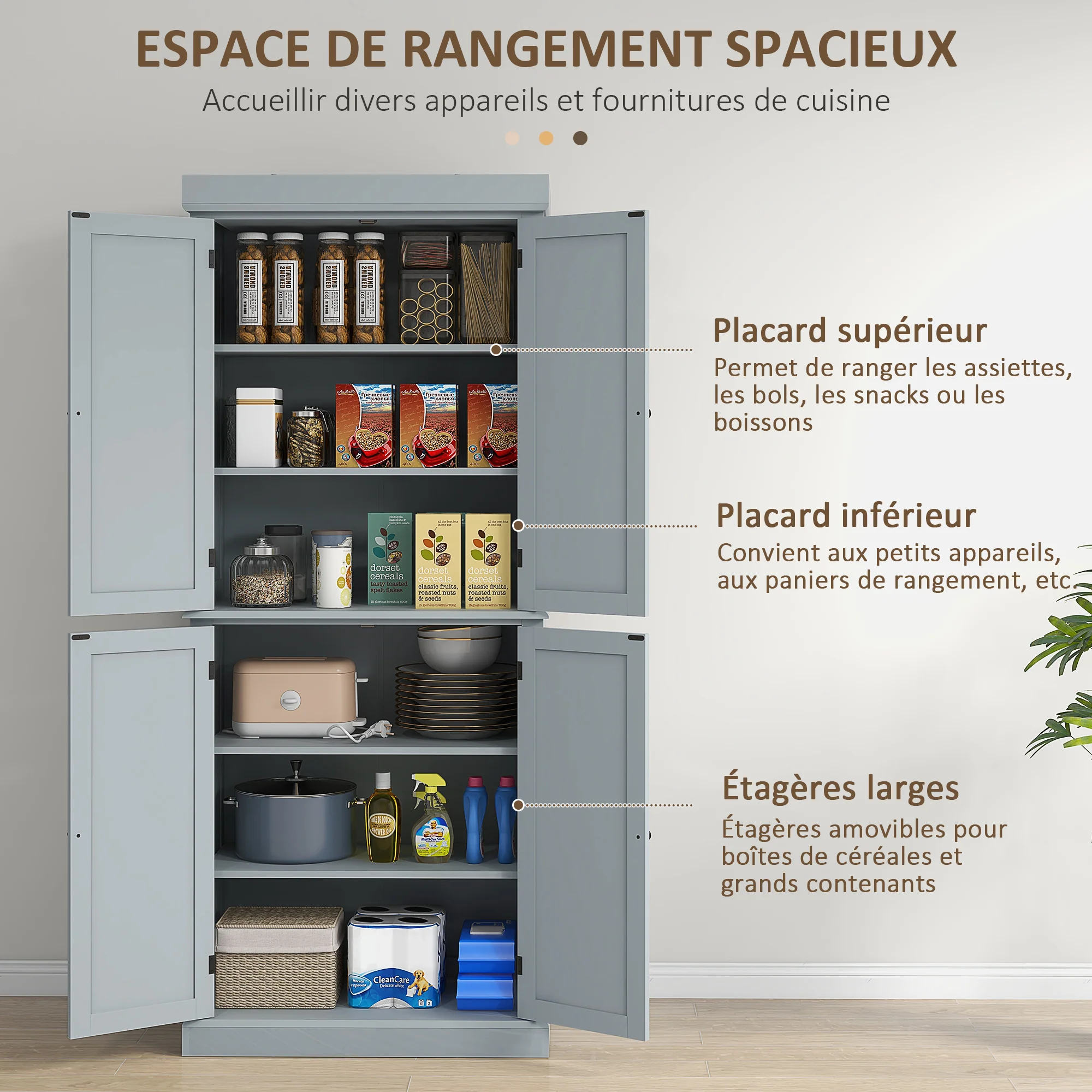 Armoire de cuisine buffet cuisine vaisselier meuble de rangement style moderne avec placards, étagères réglables, pour salle à manger, salon, 76 x 40,5 x 184 cm, gris - Image 5