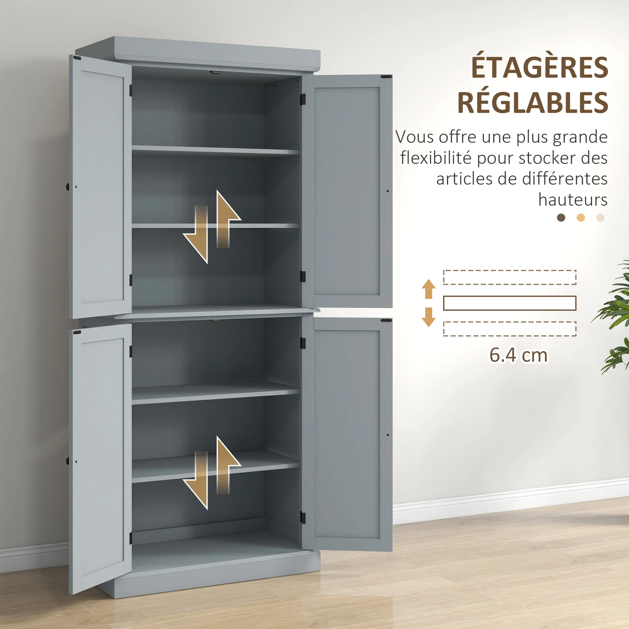 Armoire de cuisine buffet cuisine vaisselier meuble de rangement style moderne avec placards, étagères réglables, pour salle à manger, salon, 76 x 40,5 x 184 cm, gris - Image 6