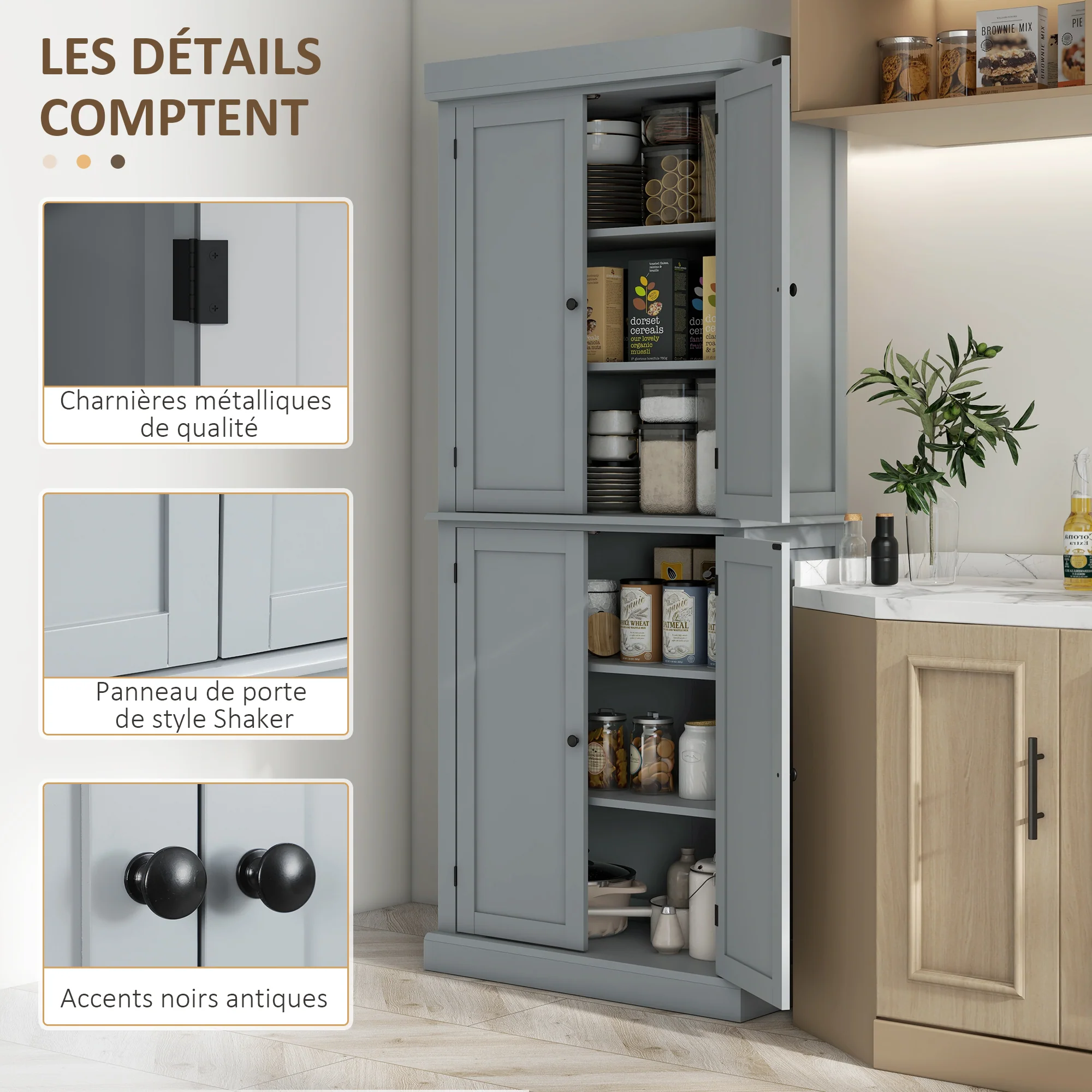 Armoire de cuisine buffet cuisine vaisselier meuble de rangement style moderne avec placards, étagères réglables, pour salle à manger, salon, 76 x 40,5 x 184 cm, gris - Image 8