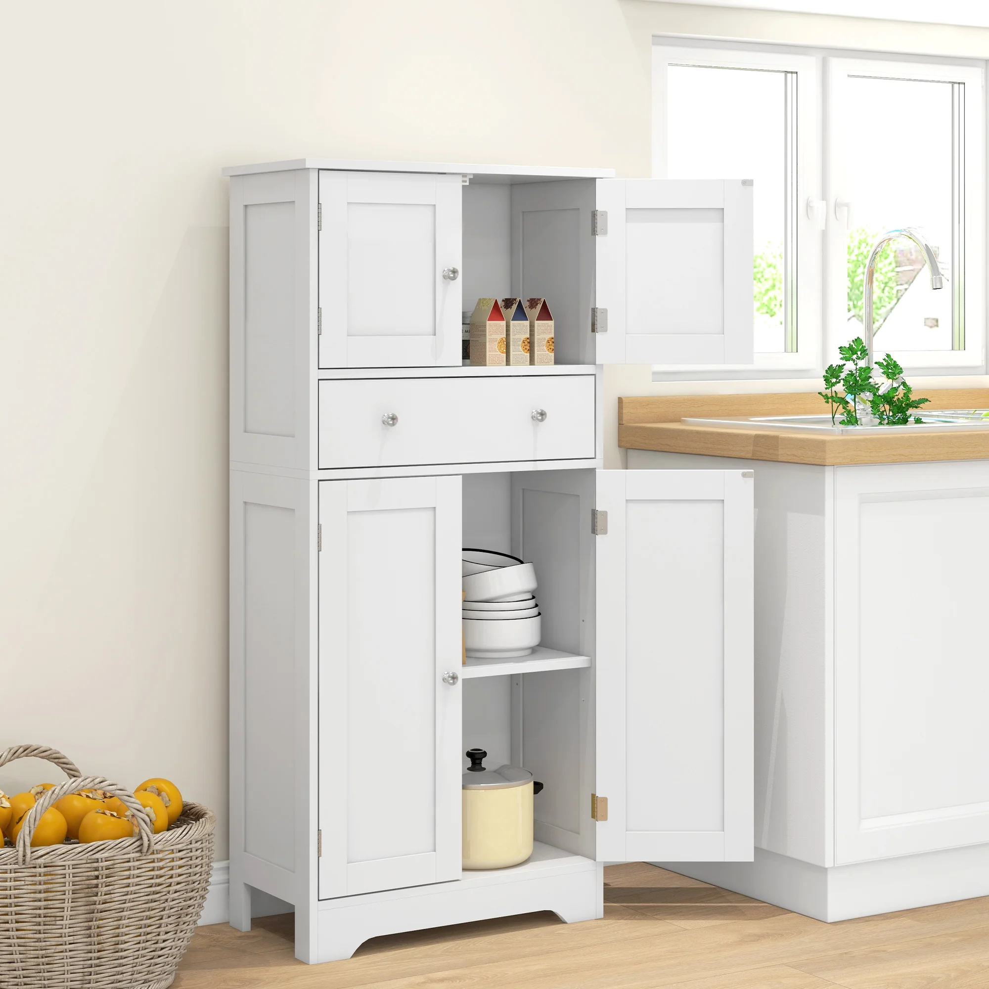 Armoire de cuisine buffet cuisine vaisselier meuble de rangement style moderne avec placards, étagères réglables, tiroir, pour salle à manger, salon, 60 x 30 x 128 cm, blanc - Image 3