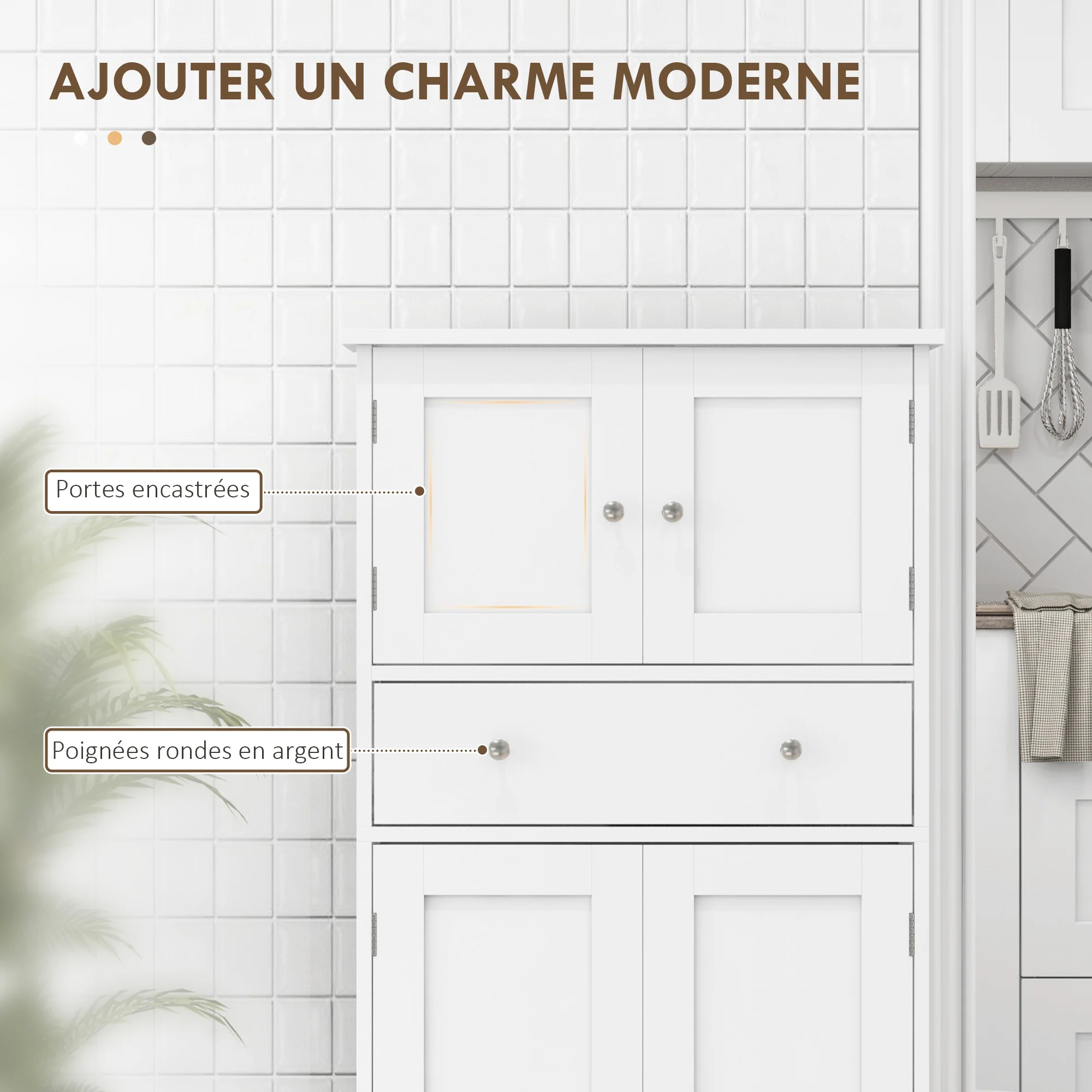 Armoire de cuisine buffet cuisine vaisselier meuble de rangement style moderne avec placards, étagères réglables, tiroir, pour salle à manger, salon, 60 x 30 x 128 cm, blanc - Image 5