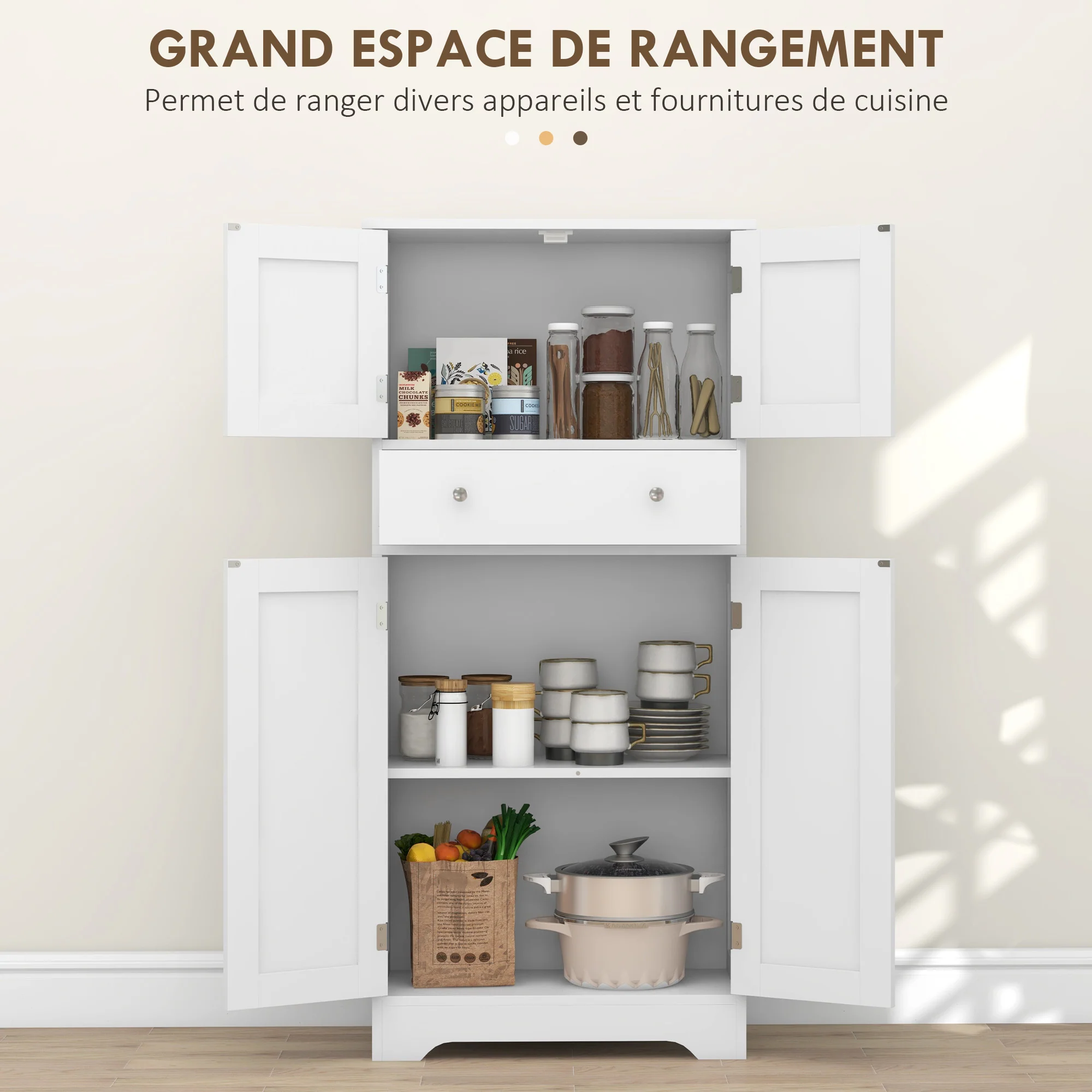 Armoire de cuisine buffet cuisine vaisselier meuble de rangement style moderne avec placards, étagères réglables, tiroir, pour salle à manger, salon, 60 x 30 x 128 cm, blanc - Image 6