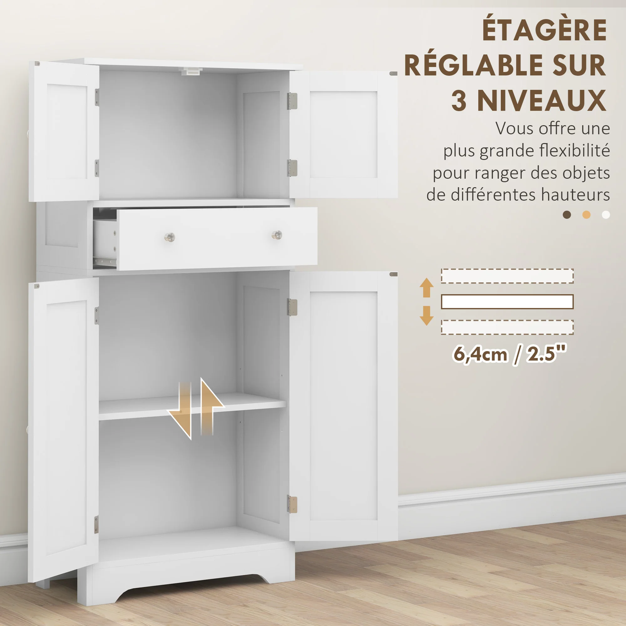 Armoire de cuisine buffet cuisine vaisselier meuble de rangement style moderne avec placards, étagères réglables, tiroir, pour salle à manger, salon, 60 x 30 x 128 cm, blanc - Image 7
