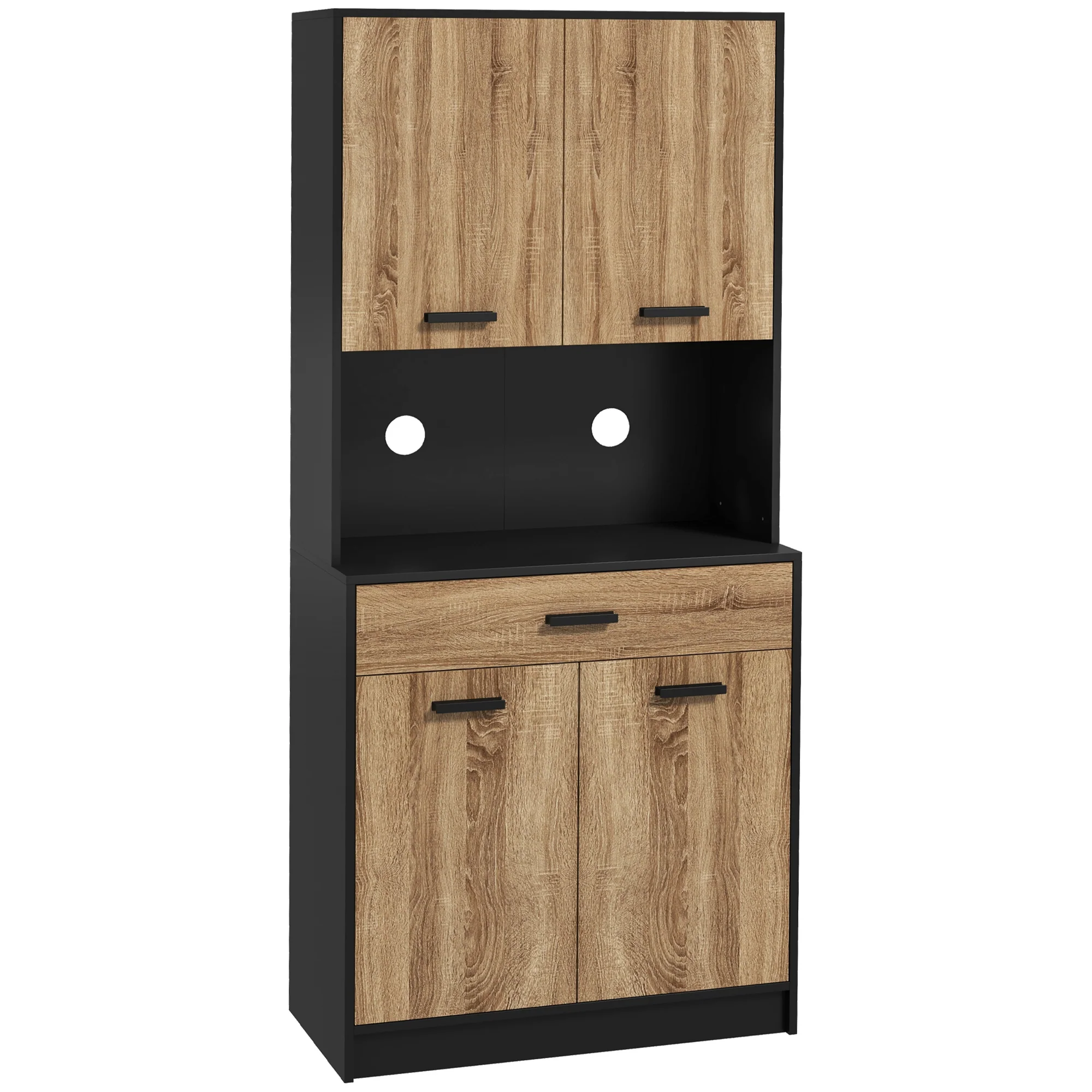 Armoire de cuisine, buffet de cuisine, meuble de rangement, 2 placards, 4 portes, 1 tiroir, passe-cables, design industriel, 80 x 40 x 180 cm, noir et naturel - Image 2