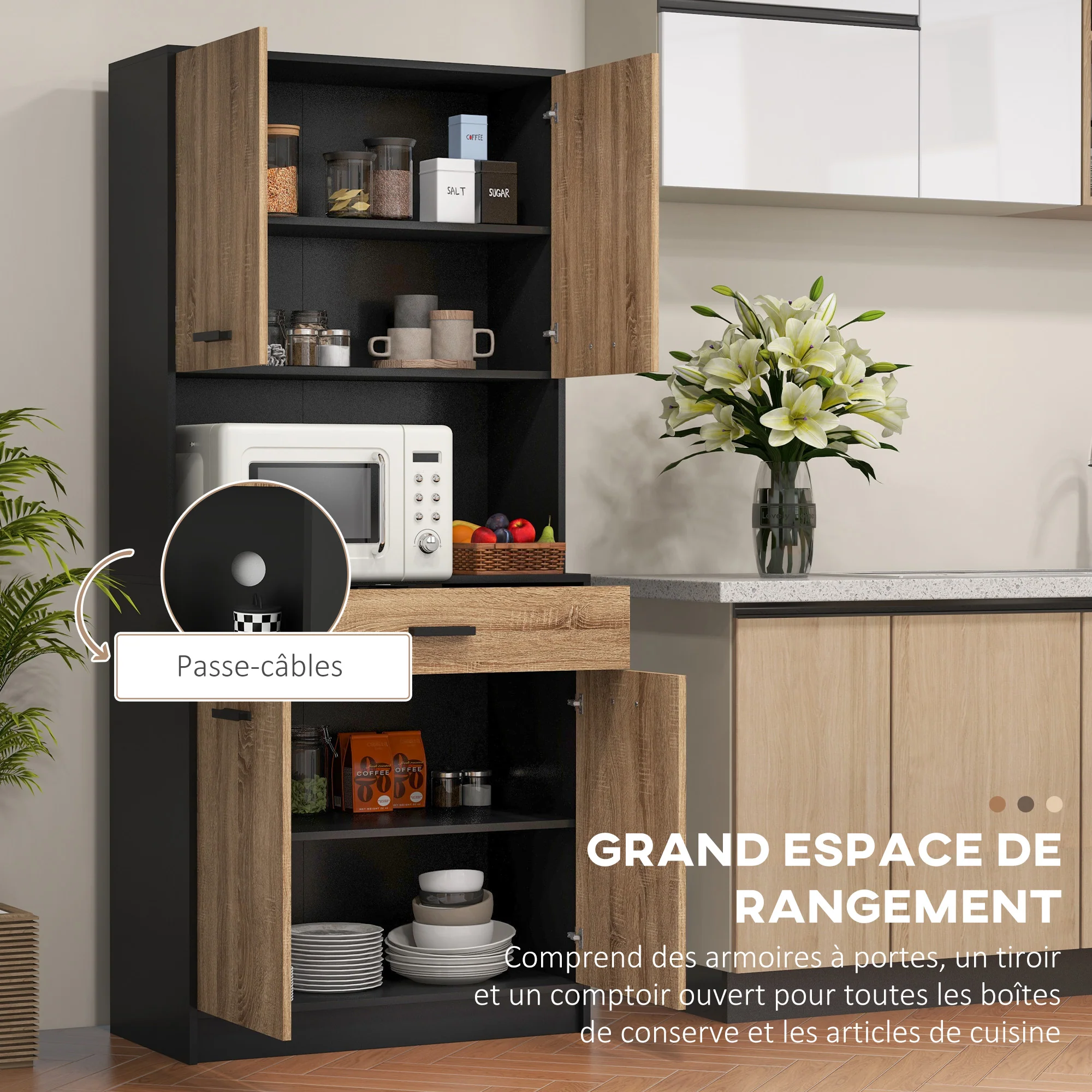 Armoire de cuisine, buffet de cuisine, meuble de rangement, 2 placards, 4 portes, 1 tiroir, passe-cables, design industriel, 80 x 40 x 180 cm, noir et naturel - Image 5