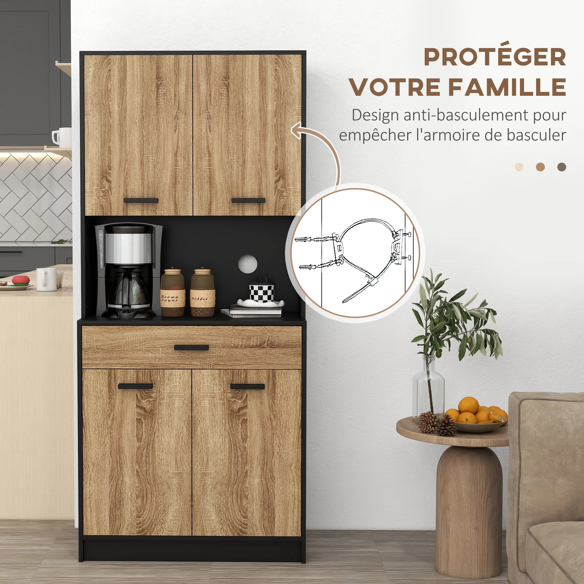 Armoire de cuisine, buffet de cuisine, meuble de rangement, 2 placards, 4 portes, 1 tiroir, passe-cables, design industriel, 80 x 40 x 180 cm, noir et naturel - Image 7