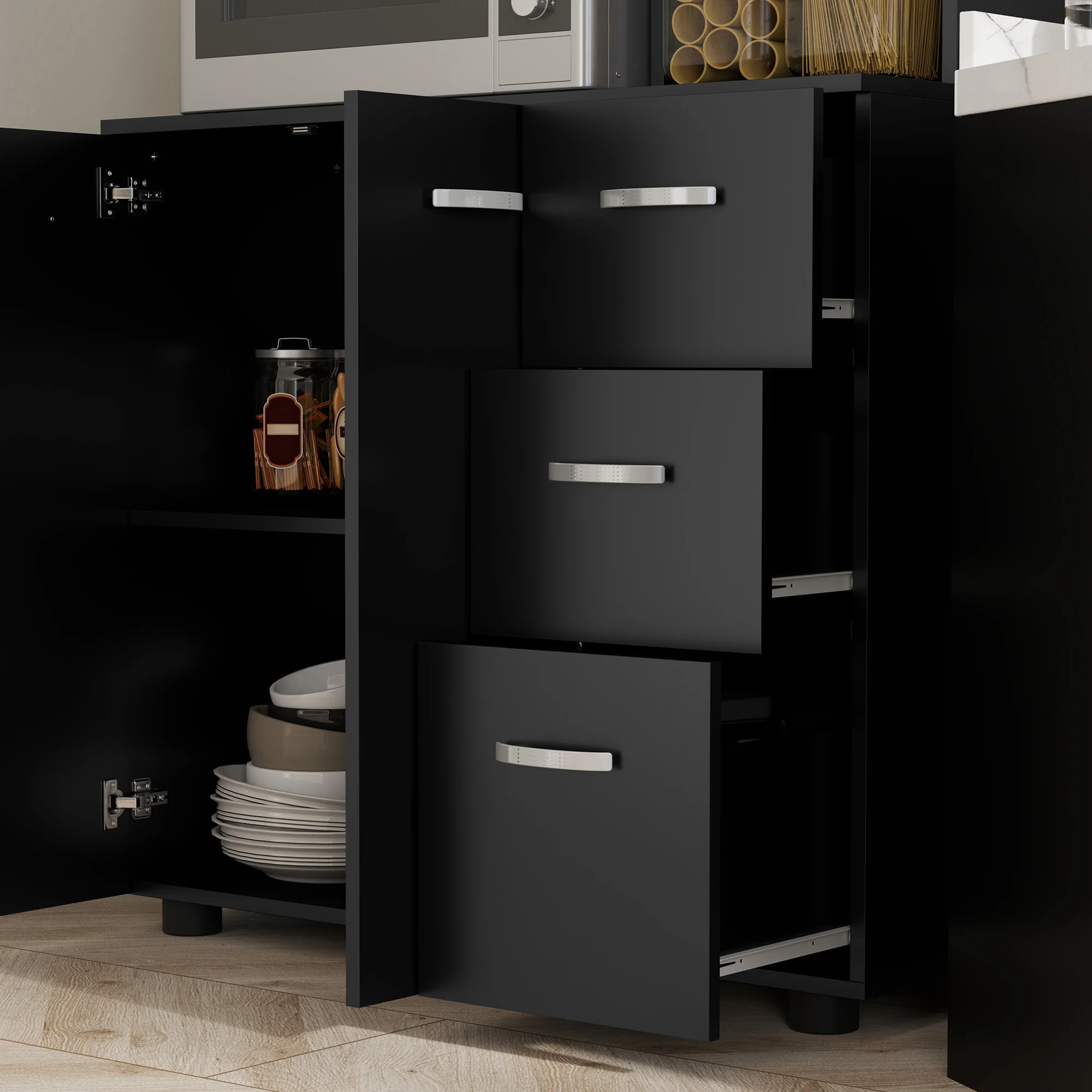 Armoire de cuisine multi-rangements 4 portes 3 tiroirs étagère + grand plateau 89L x 39,5l x 168H cm noir - Image 10