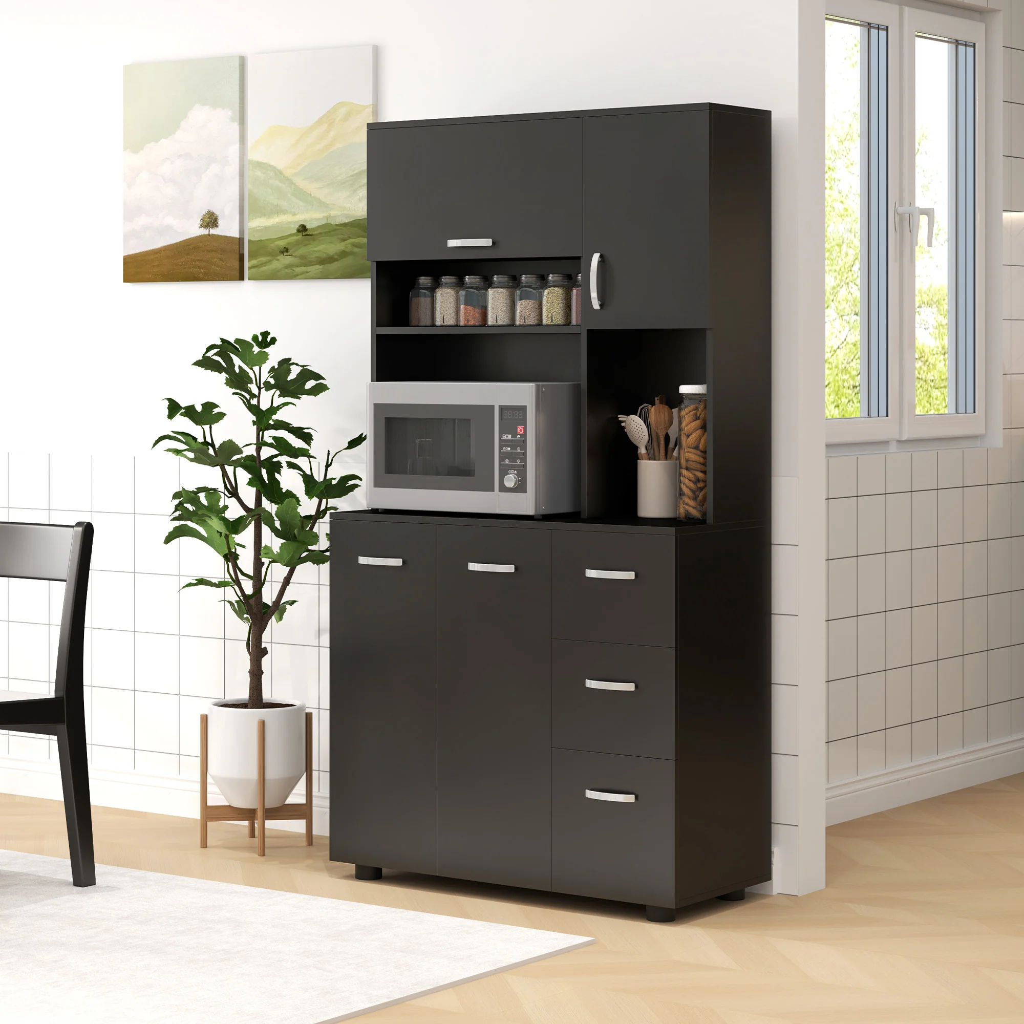 Armoire de cuisine multi-rangements 4 portes 3 tiroirs étagère + grand plateau 89L x 39,5l x 168H cm noir - Image 3