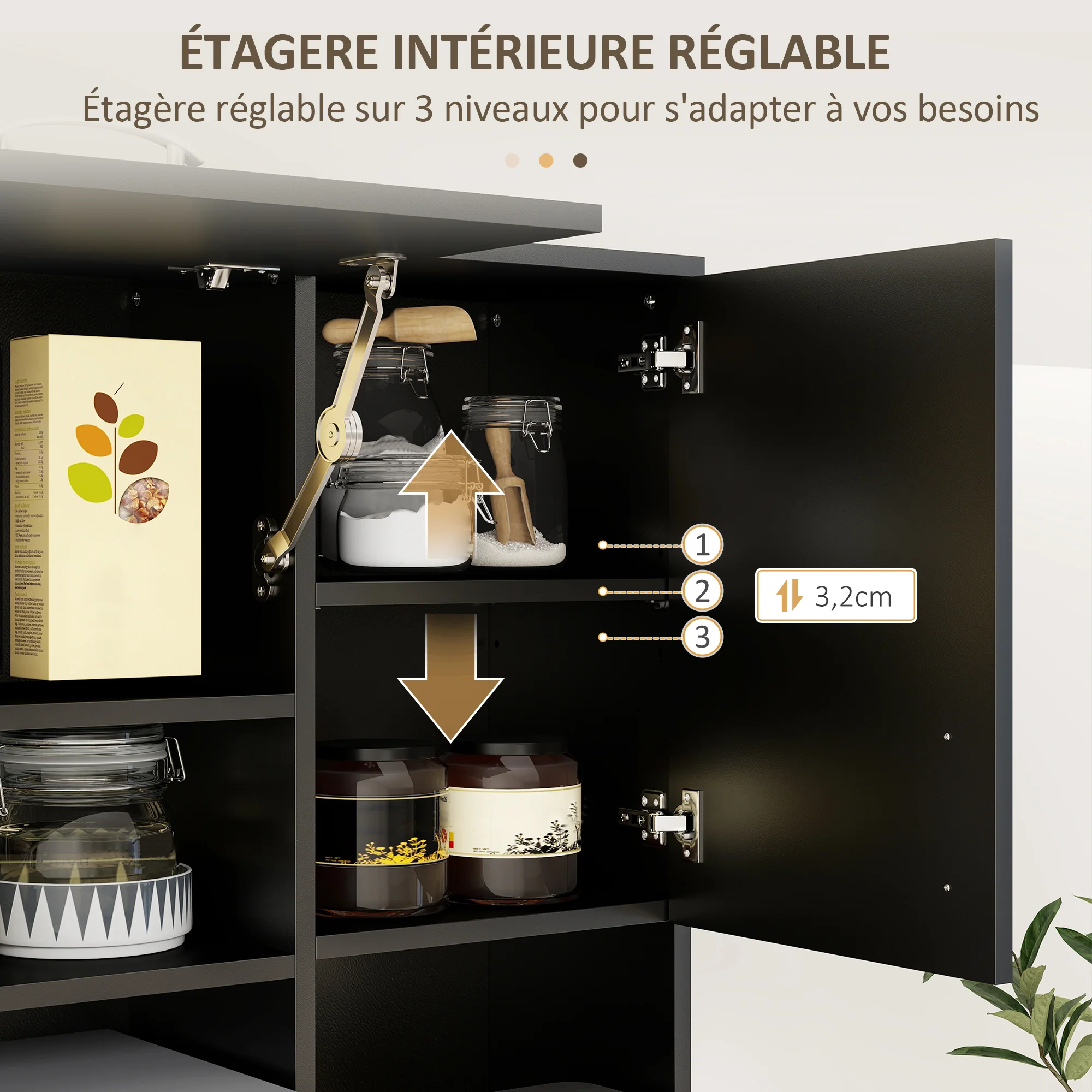 Armoire de cuisine multi-rangements 4 portes 3 tiroirs étagère + grand plateau 89L x 39,5l x 168H cm noir - Image 6