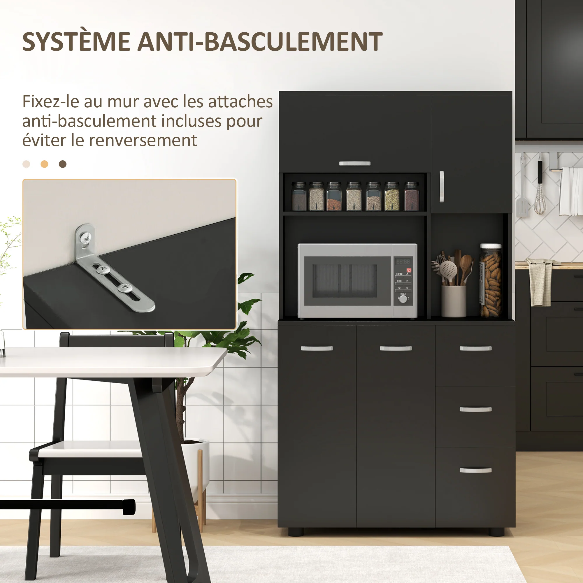 Armoire de cuisine multi-rangements 4 portes 3 tiroirs étagère + grand plateau 89L x 39,5l x 168H cm noir - Image 8