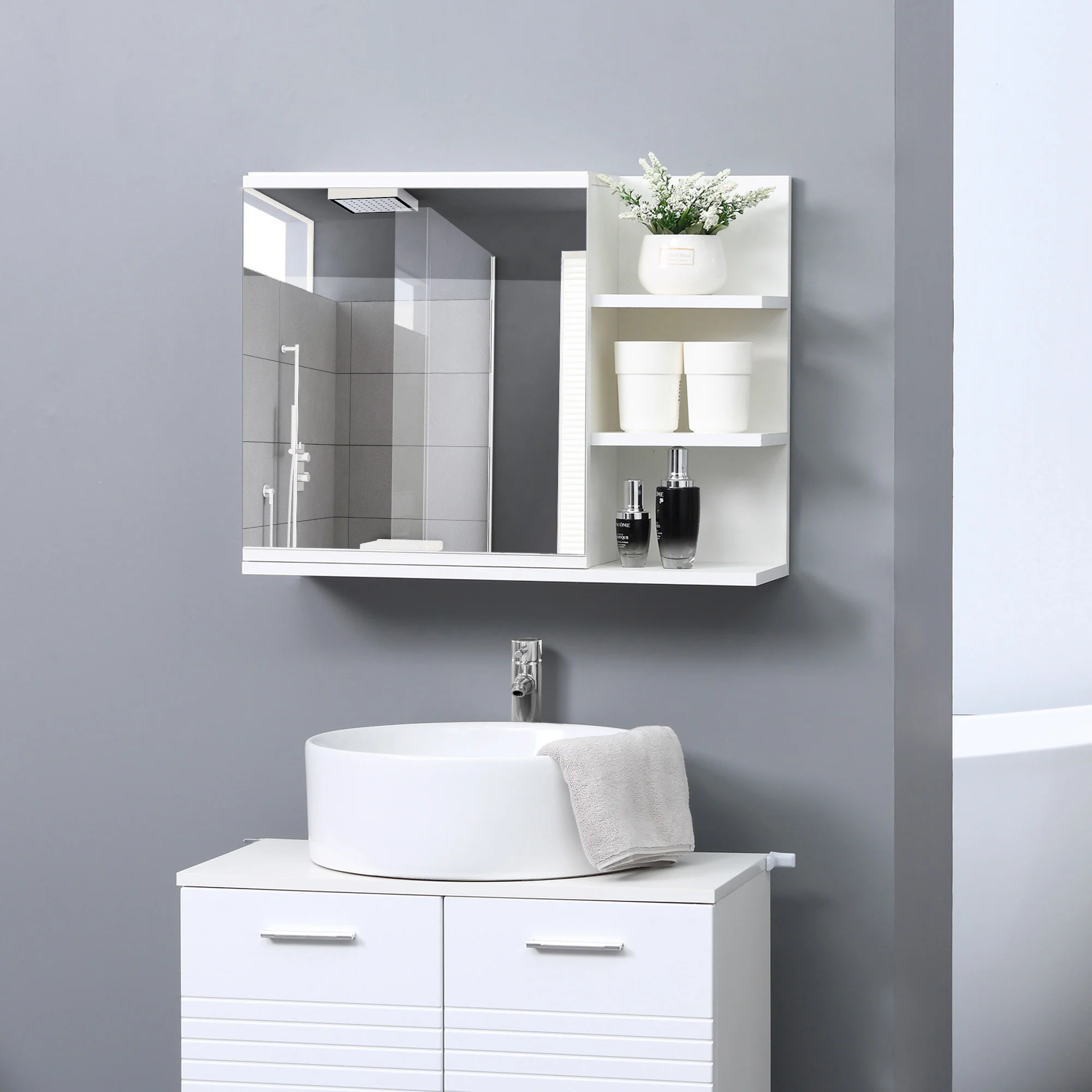 Armoire Miroir de Salle de Bain avec étagère - 3 étagères latérales - kit Installation Murale fourni - en Bois Aspect Blanc - Image 3