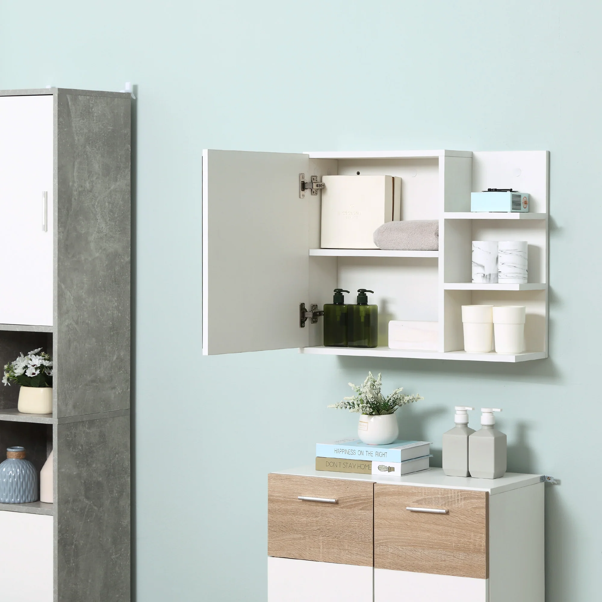 Armoire Miroir de Salle de Bain avec étagère - 3 étagères latérales - kit Installation Murale fourni - en Bois Aspect Blanc - Image 9
