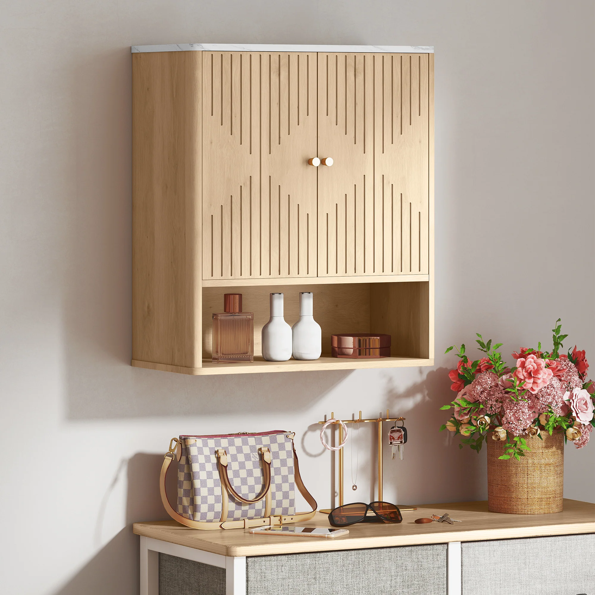 Armoire murale de salle de bain, meuble de rangement avec compartiment ouvert et étagère réglable, meuble haut de salle de bain portes à motifs en forme de sablier, 60 x 18 x 70 cm, chêne - Image 10