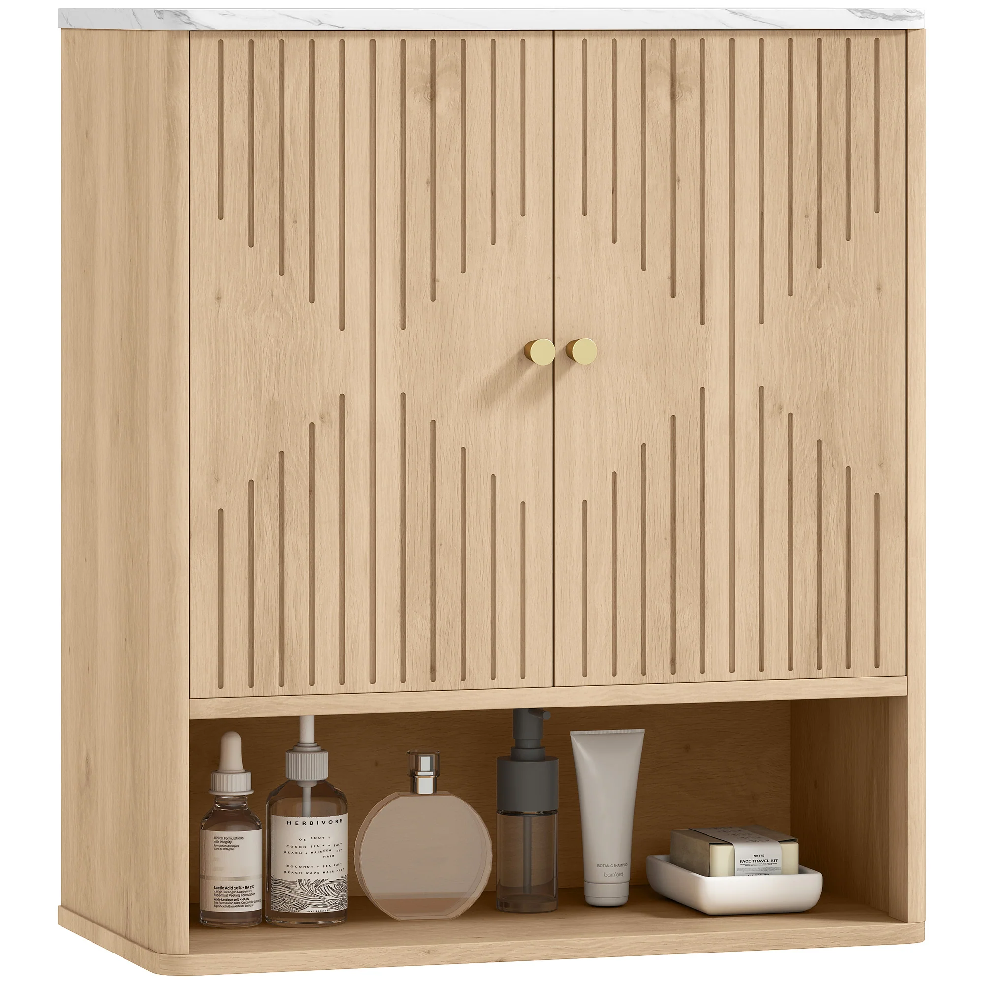Armoire murale de salle de bain, meuble de rangement avec compartiment ouvert et étagère réglable, meuble haut de salle de bain portes à motifs en forme de sablier, 60 x 18 x 70 cm, chêne - Image 11
