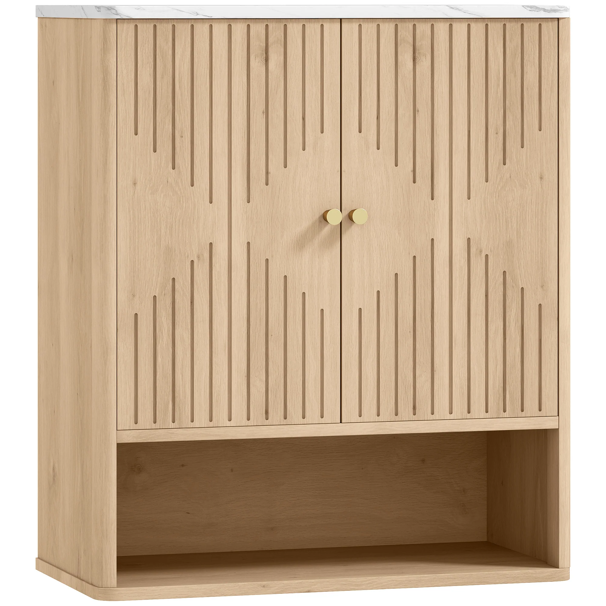 Armoire murale de salle de bain, meuble de rangement avec compartiment ouvert et étagère réglable, meuble haut de salle de bain portes à motifs en forme de sablier, 60 x 18 x 70 cm, chêne - Image 2