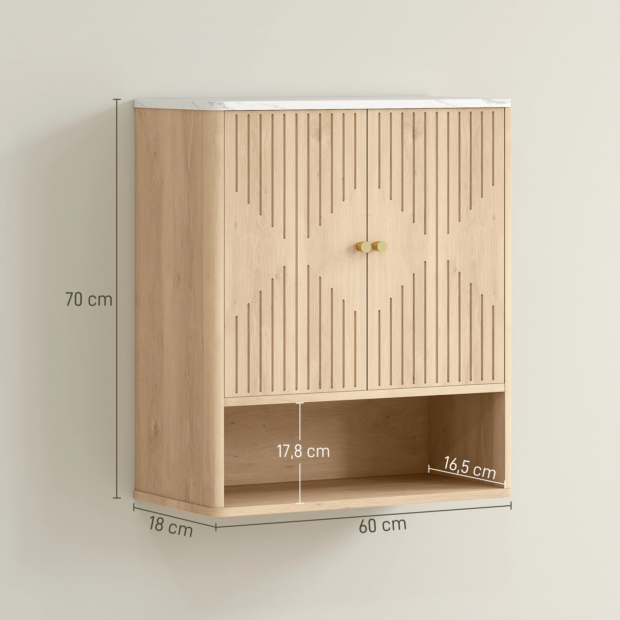 Armoire murale de salle de bain, meuble de rangement avec compartiment ouvert et étagère réglable, meuble haut de salle de bain portes à motifs en forme de sablier, 60 x 18 x 70 cm, chêne - Image 4