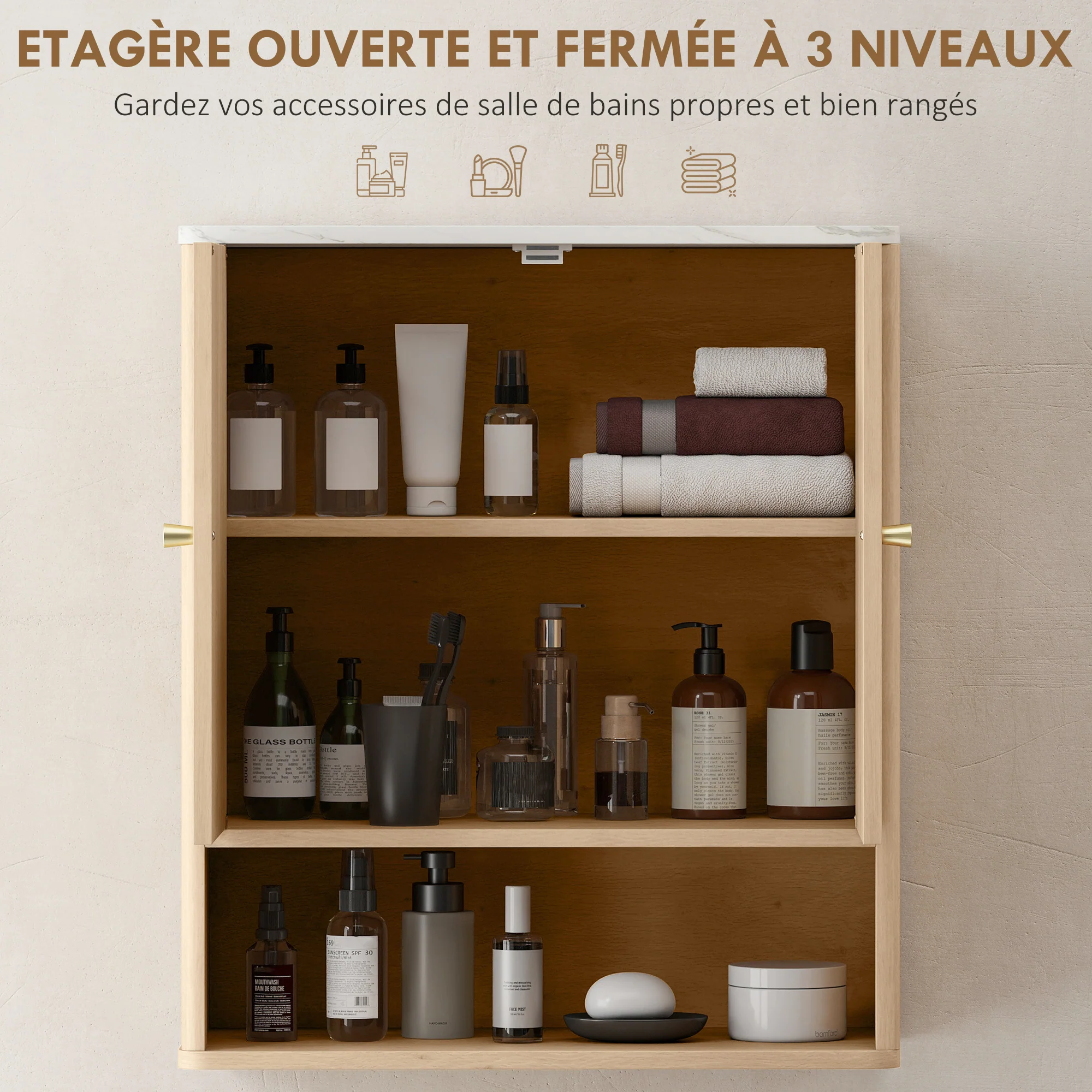 Armoire murale de salle de bain, meuble de rangement avec compartiment ouvert et étagère réglable, meuble haut de salle de bain portes à motifs en forme de sablier, 60 x 18 x 70 cm, chêne - Image 5