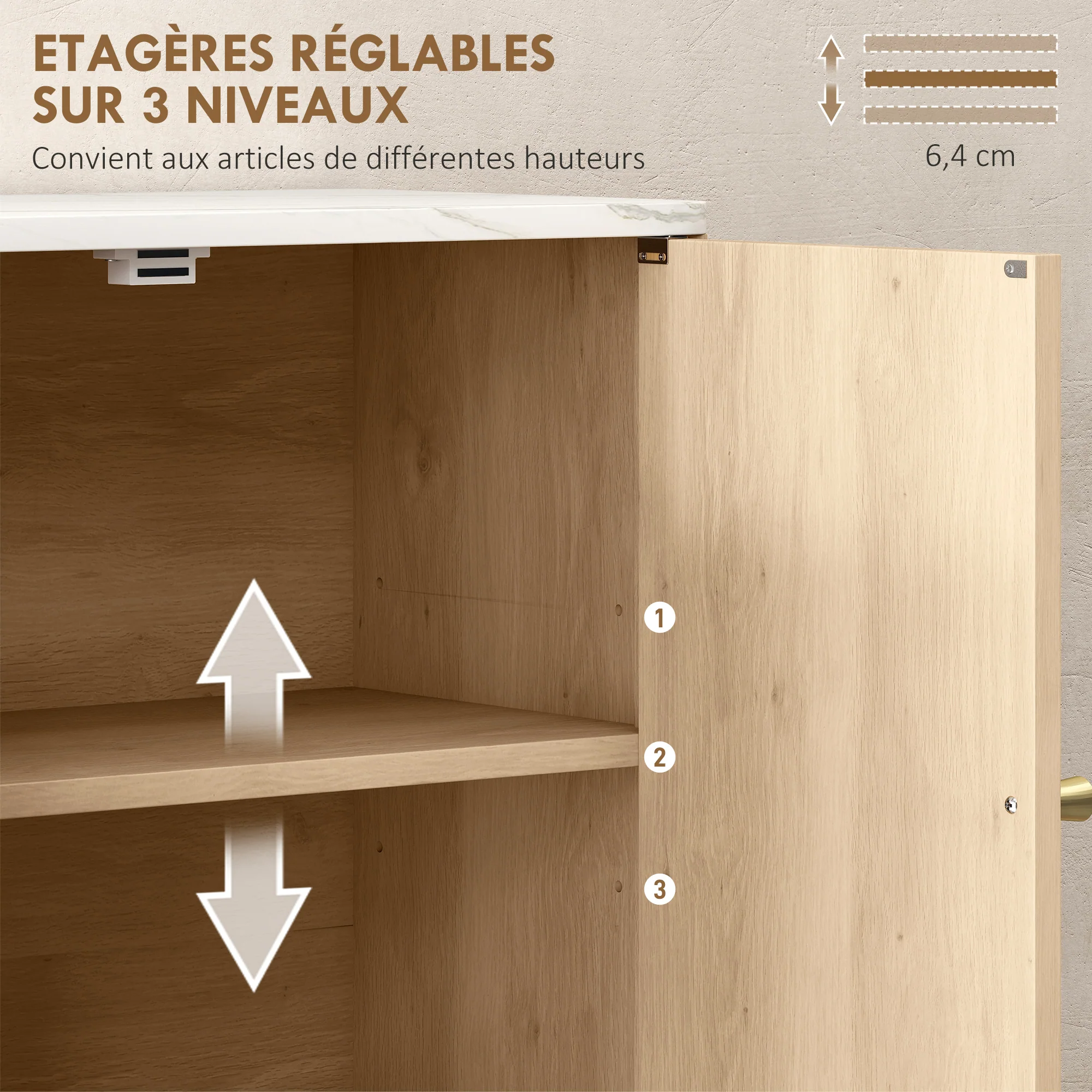 Armoire murale de salle de bain, meuble de rangement avec compartiment ouvert et étagère réglable, meuble haut de salle de bain portes à motifs en forme de sablier, 60 x 18 x 70 cm, chêne - Image 6