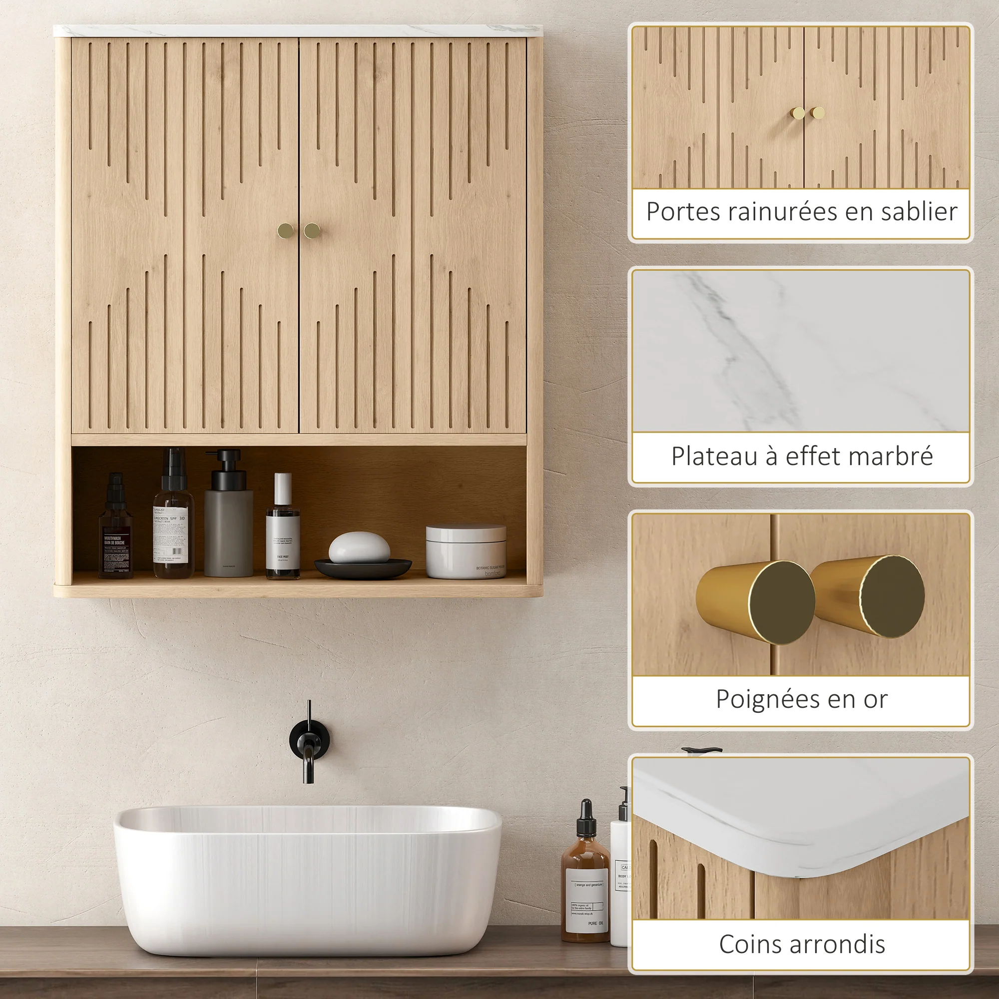 Armoire murale de salle de bain, meuble de rangement avec compartiment ouvert et étagère réglable, meuble haut de salle de bain portes à motifs en forme de sablier, 60 x 18 x 70 cm, chêne - Image 7