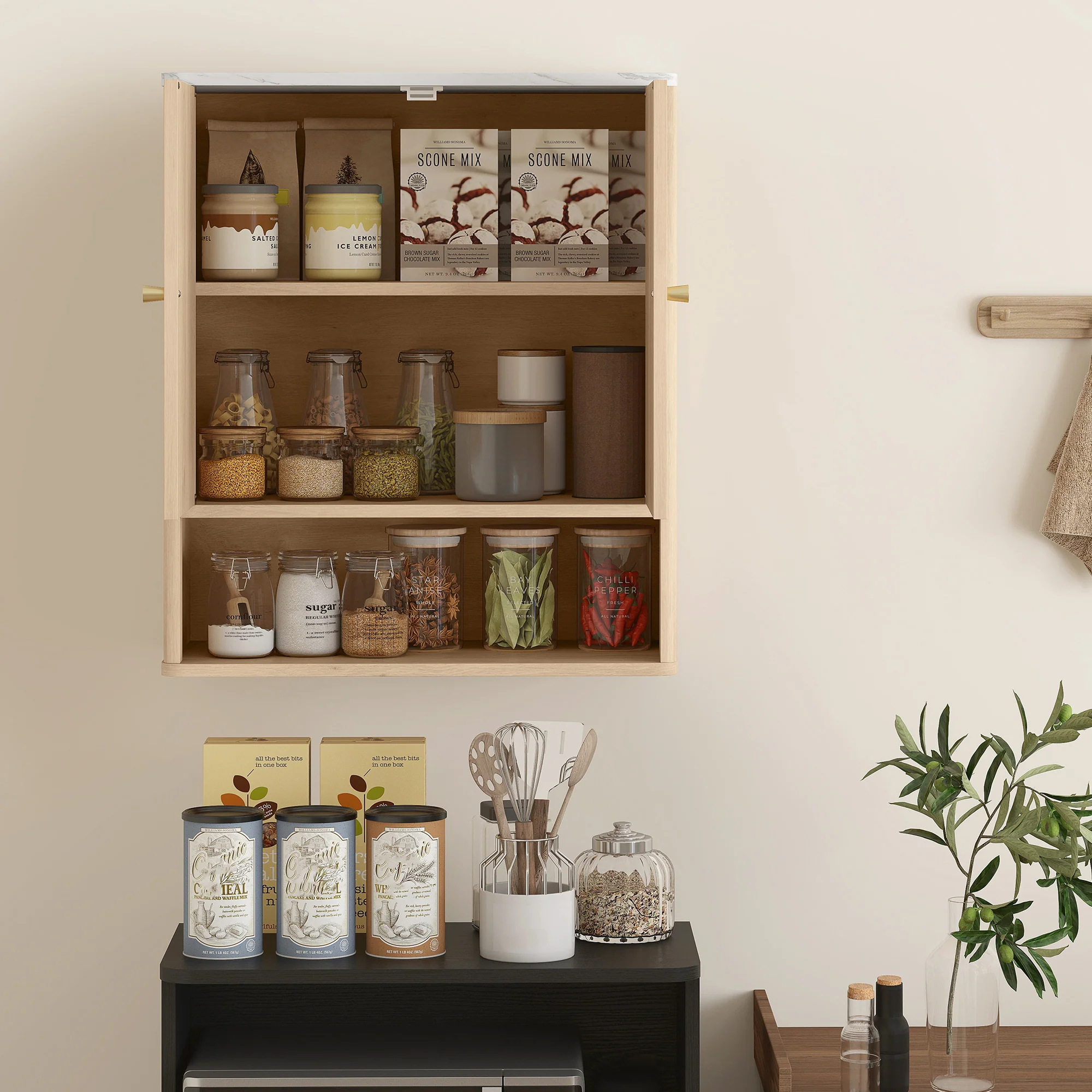 Armoire murale de salle de bain, meuble de rangement avec compartiment ouvert et étagère réglable, meuble haut de salle de bain portes à motifs en forme de sablier, 60 x 18 x 70 cm, chêne - Image 8