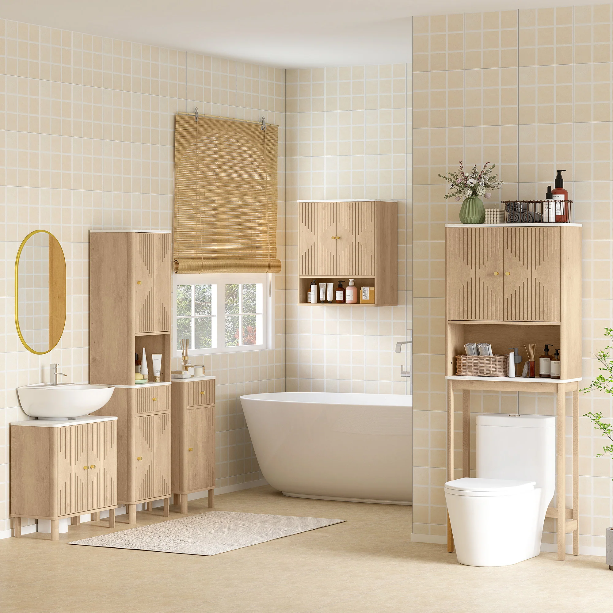 Armoire murale de salle de bain, meuble de rangement avec compartiment ouvert et étagère réglable, meuble haut de salle de bain portes à motifs en forme de sablier, 60 x 18 x 70 cm, chêne - Image 9
