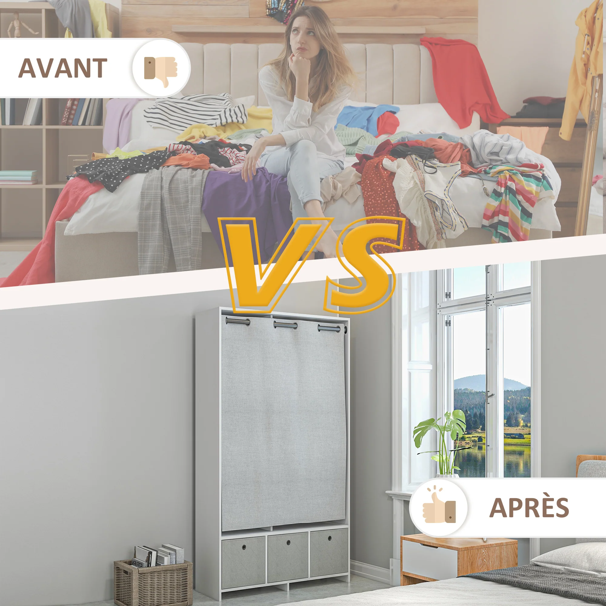 Armoire penderie, dressing avec rideau, armoire chambre vêtement, garde-robe avec tringle, 3 compartiments et 3 tiroirs en tissu amovibles - 105 x 48 x 160 cm, blanc - Image 7