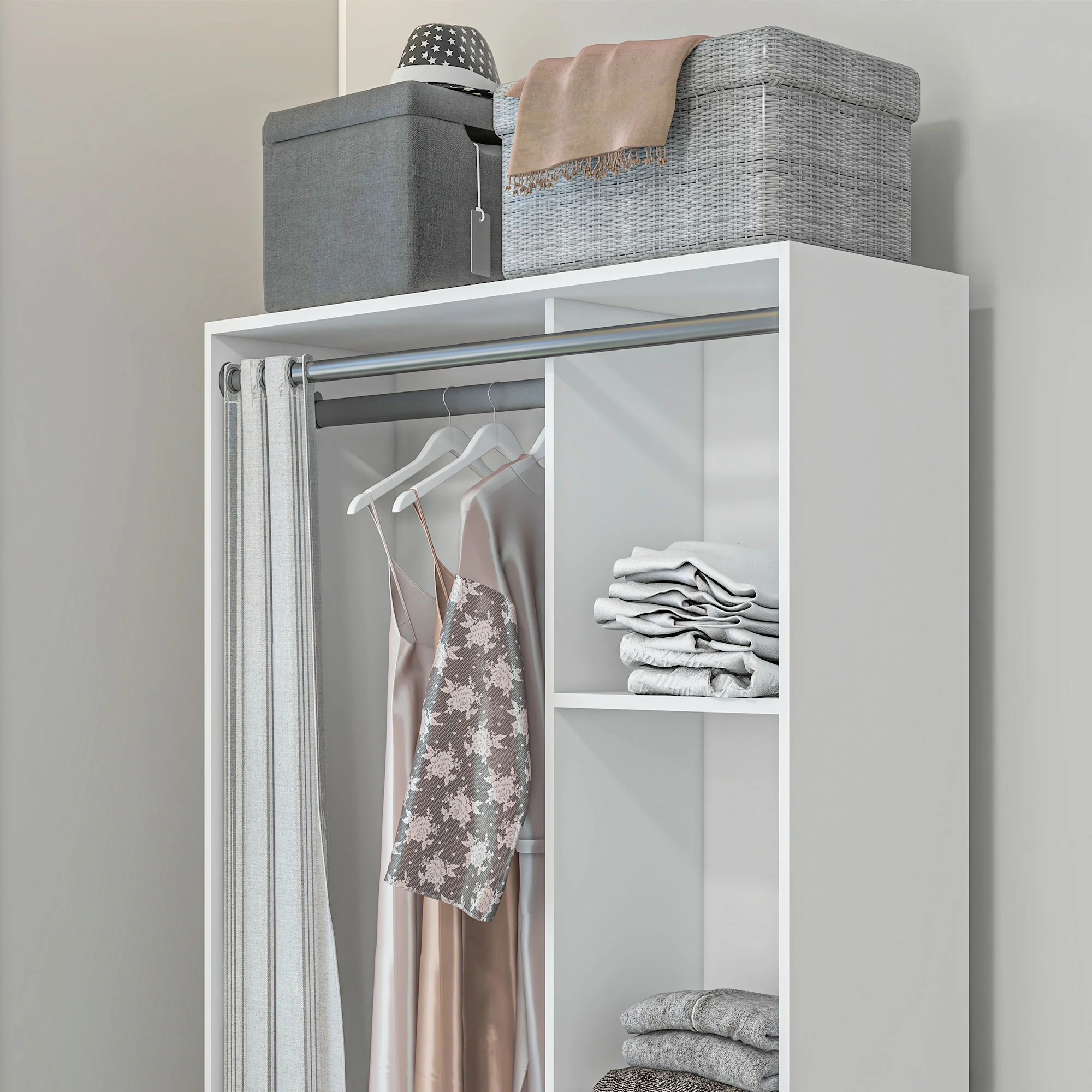 Armoire penderie, dressing avec rideau, armoire chambre vêtement, garde-robe avec tringle, 3 compartiments et 3 tiroirs en tissu amovibles - 105 x 48 x 160 cm, blanc - Image 9