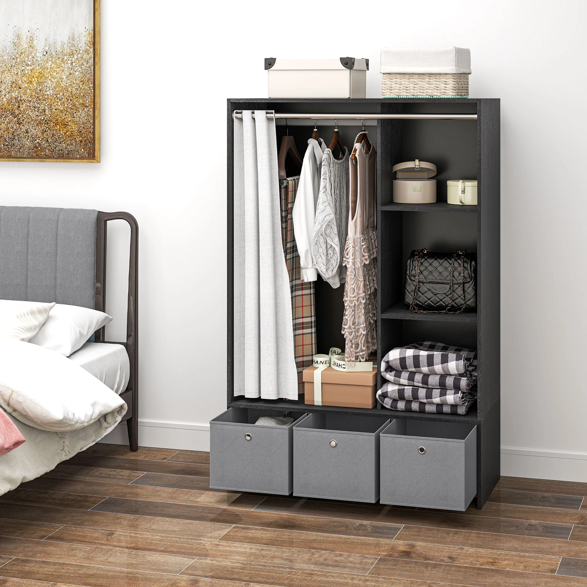 Armoire penderie, dressing avec rideau, armoire chambre vêtement, garde-robe avec tringle, 3 compartiments et 3 tiroirs en tissu amovibles - 105 x 48 x 160 cm, noir - Image 10