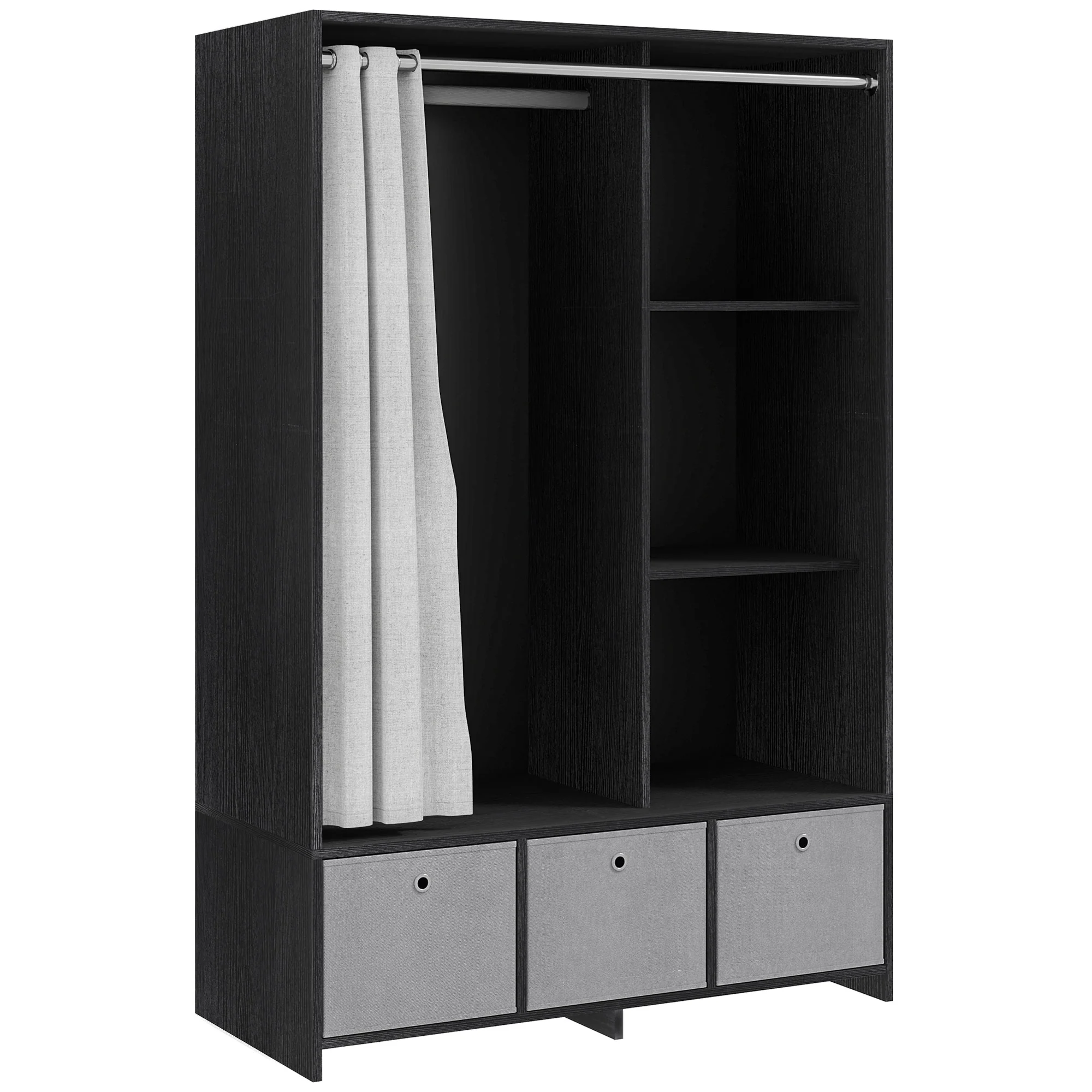 Armoire penderie, dressing avec rideau, armoire chambre vêtement, garde-robe avec tringle, 3 compartiments et 3 tiroirs en tissu amovibles - 105 x 48 x 160 cm, noir - Image 11