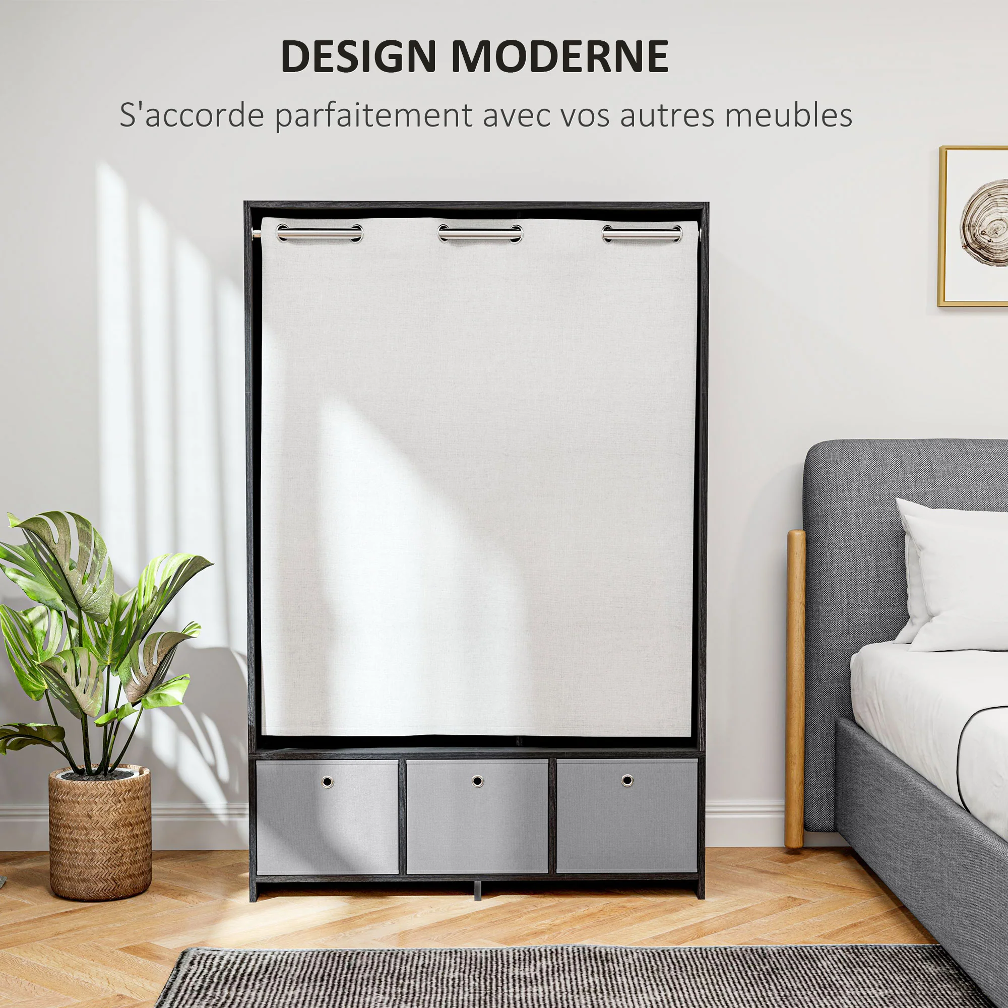 Armoire penderie, dressing avec rideau, armoire chambre vêtement, garde-robe avec tringle, 3 compartiments et 3 tiroirs en tissu amovibles - 105 x 48 x 160 cm, noir - Image 5