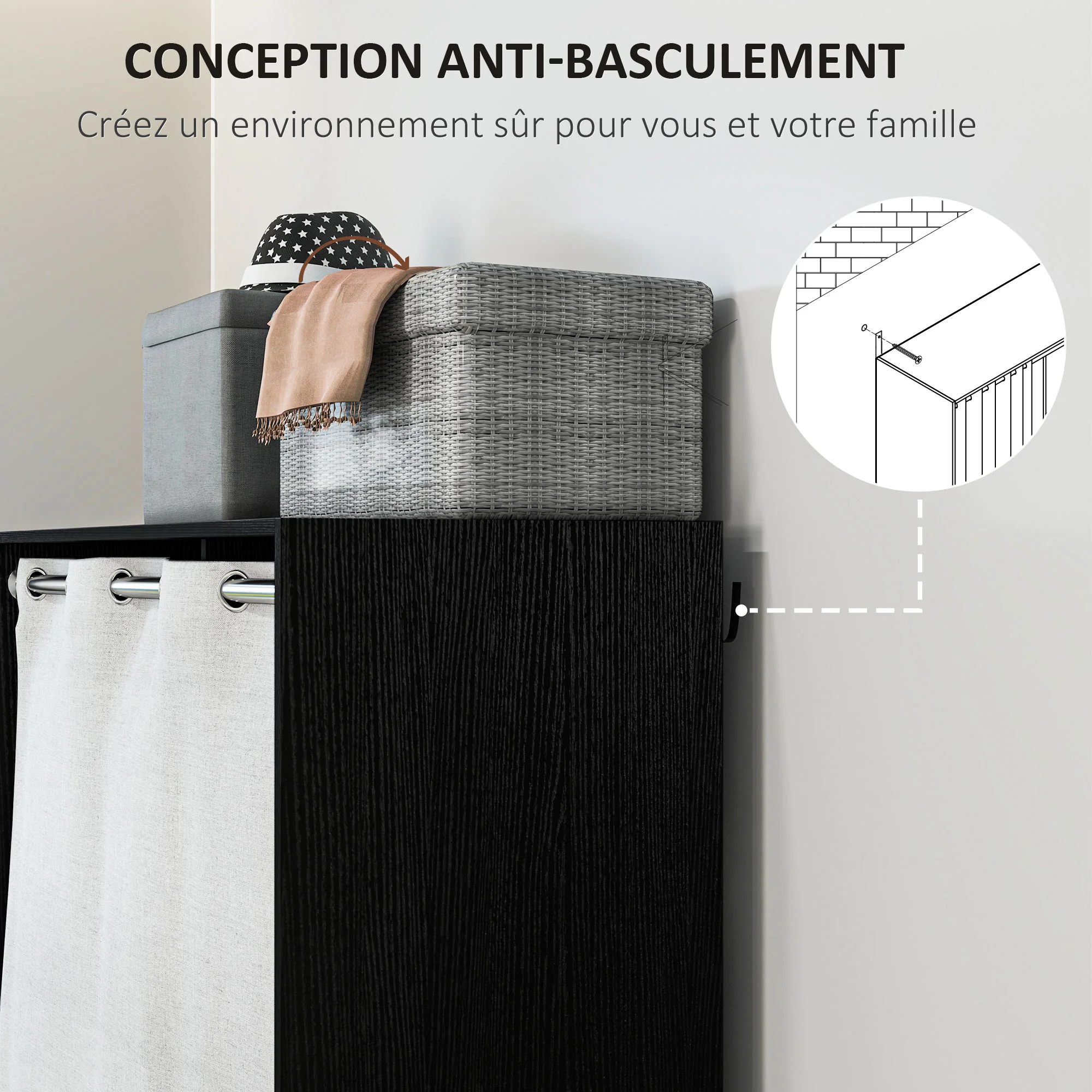 Armoire penderie, dressing avec rideau, armoire chambre vêtement, garde-robe avec tringle, 3 compartiments et 3 tiroirs en tissu amovibles - 105 x 48 x 160 cm, noir - Image 7