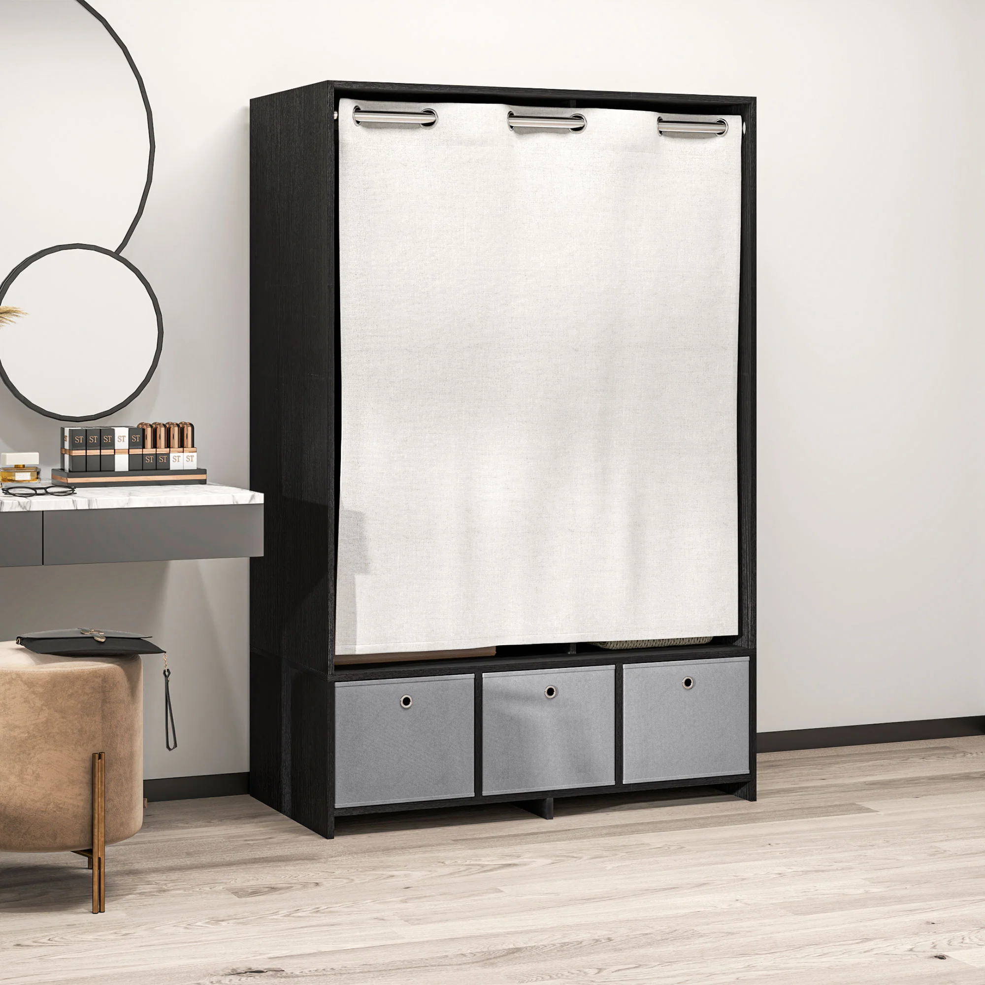 Armoire penderie, dressing avec rideau, armoire chambre vêtement, garde-robe avec tringle, 3 compartiments et 3 tiroirs en tissu amovibles - 105 x 48 x 160 cm, noir - Image 9