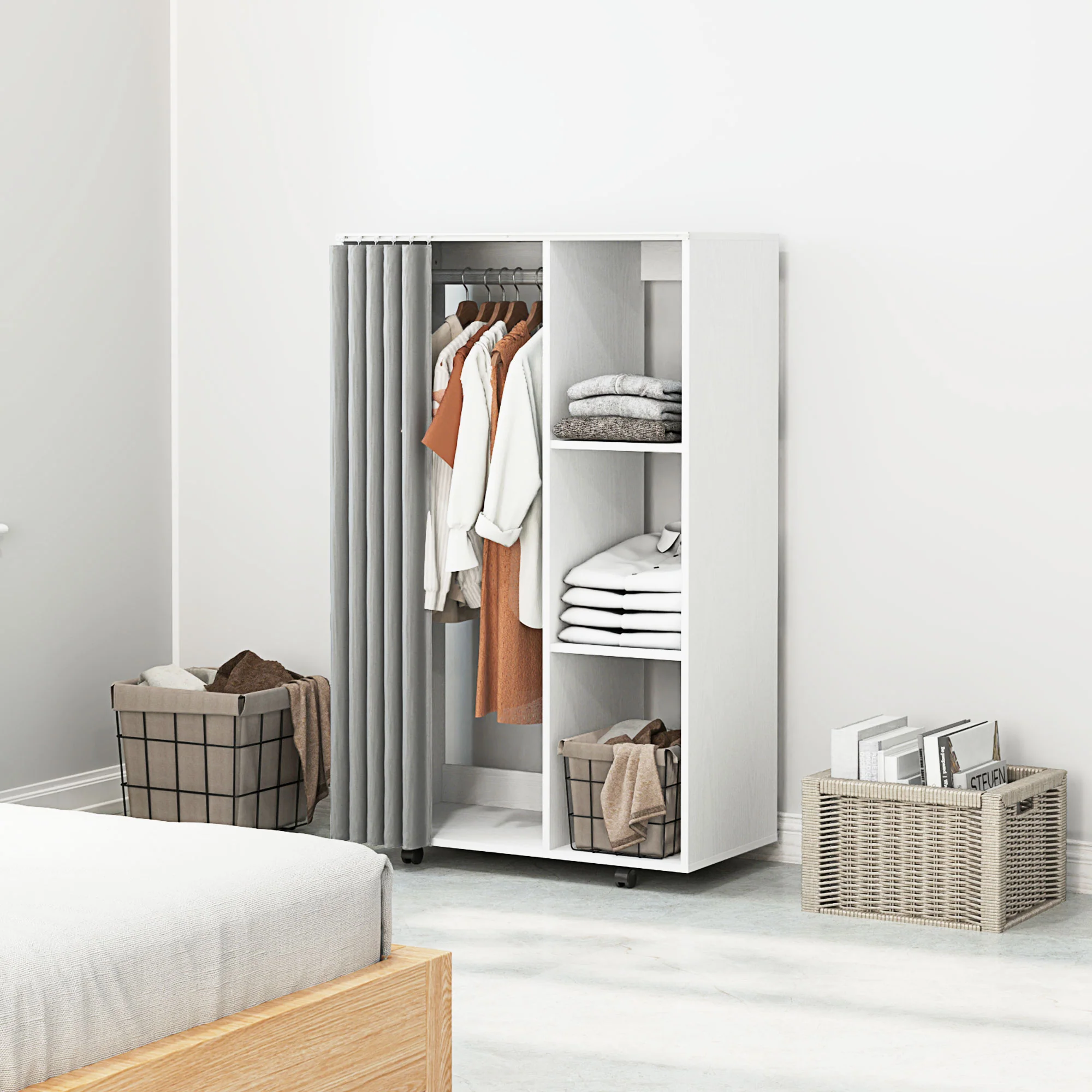 Armoire penderie meuble de rangement mobile 4 roulettes avec tringle à vêtements et étagères ouvertes, penderie vêtement dressing roulant pour chambre à coucher, dim. 80 x 40 x 128 cm, blanc - Image 3