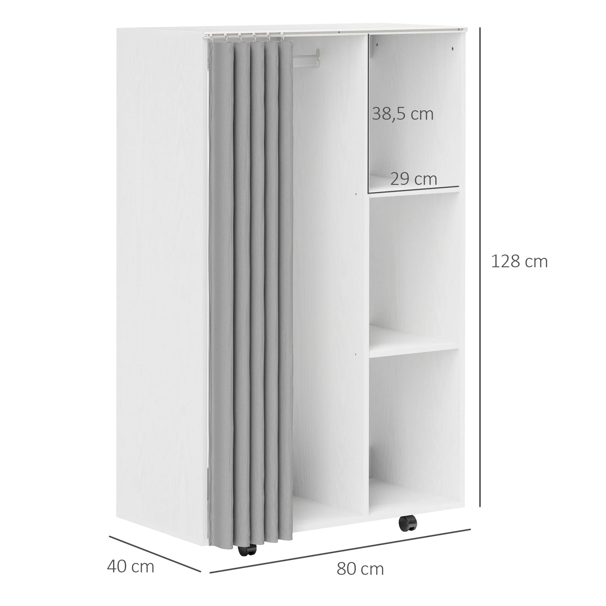 Armoire penderie meuble de rangement mobile 4 roulettes avec tringle à vêtements et étagères ouvertes, penderie vêtement dressing roulant pour chambre à coucher, dim. 80 x 40 x 128 cm, blanc - Image 4