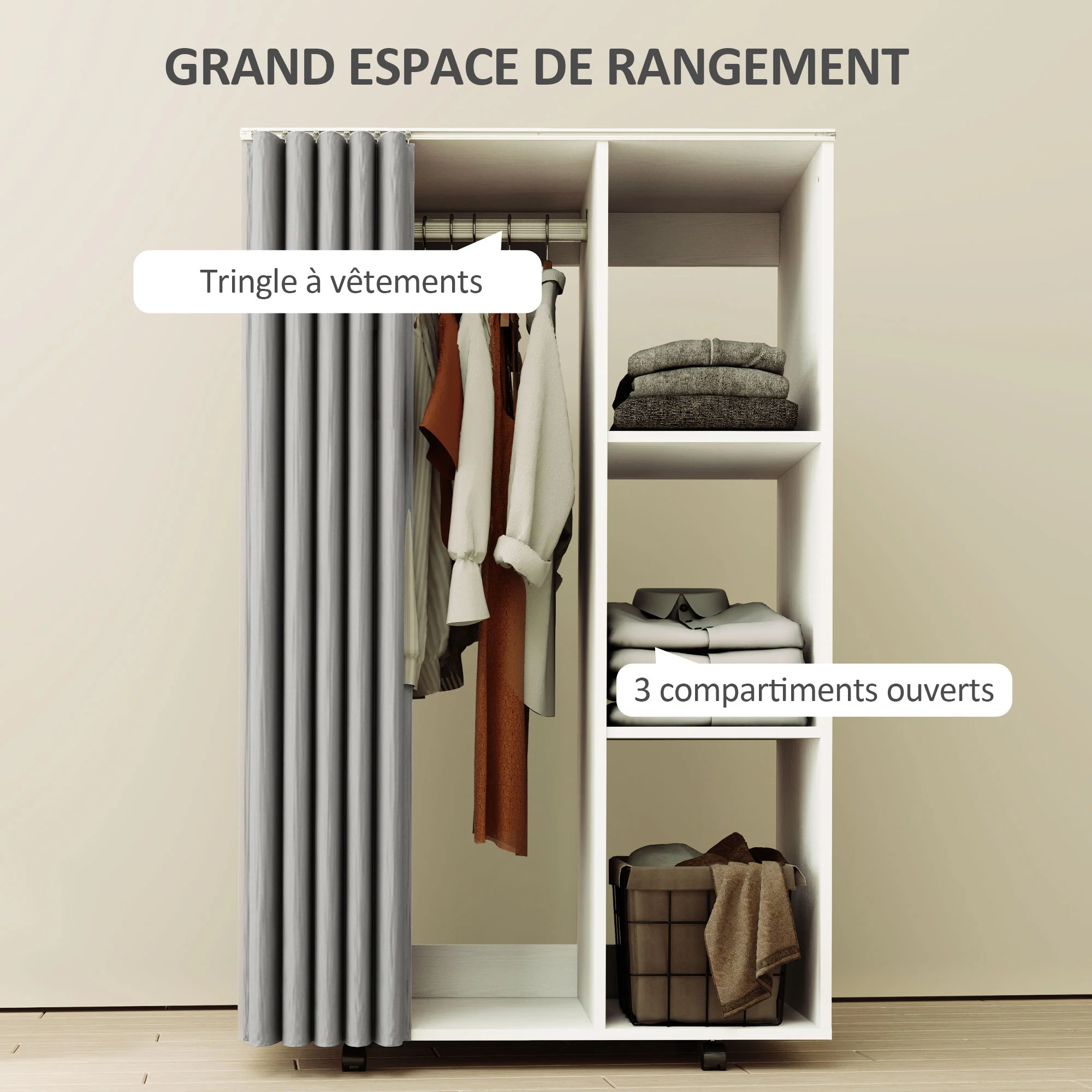 Armoire penderie meuble de rangement mobile 4 roulettes avec tringle à vêtements et étagères ouvertes, penderie vêtement dressing roulant pour chambre à coucher, dim. 80 x 40 x 128 cm, blanc - Image 5