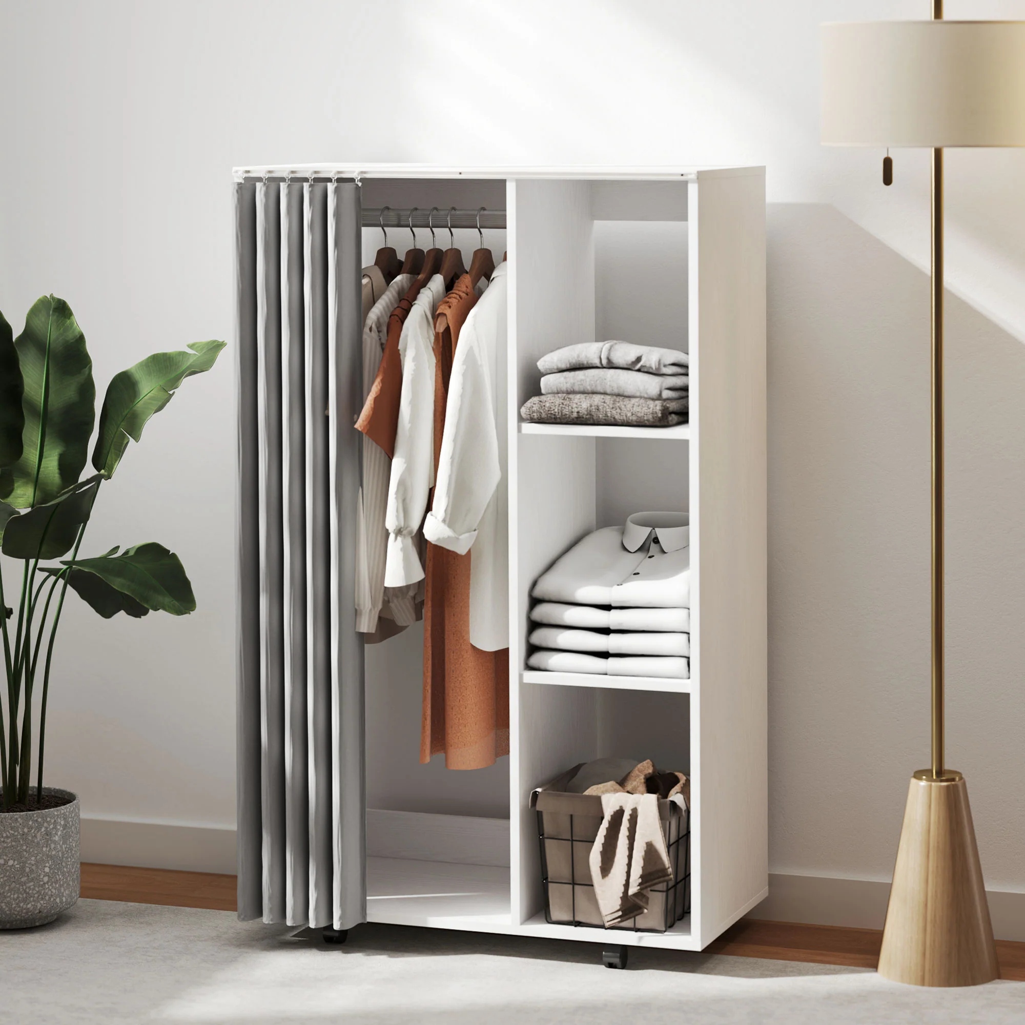 Armoire penderie meuble de rangement mobile 4 roulettes avec tringle à vêtements et étagères ouvertes, penderie vêtement dressing roulant pour chambre à coucher, dim. 80 x 40 x 128 cm, blanc - Image 8