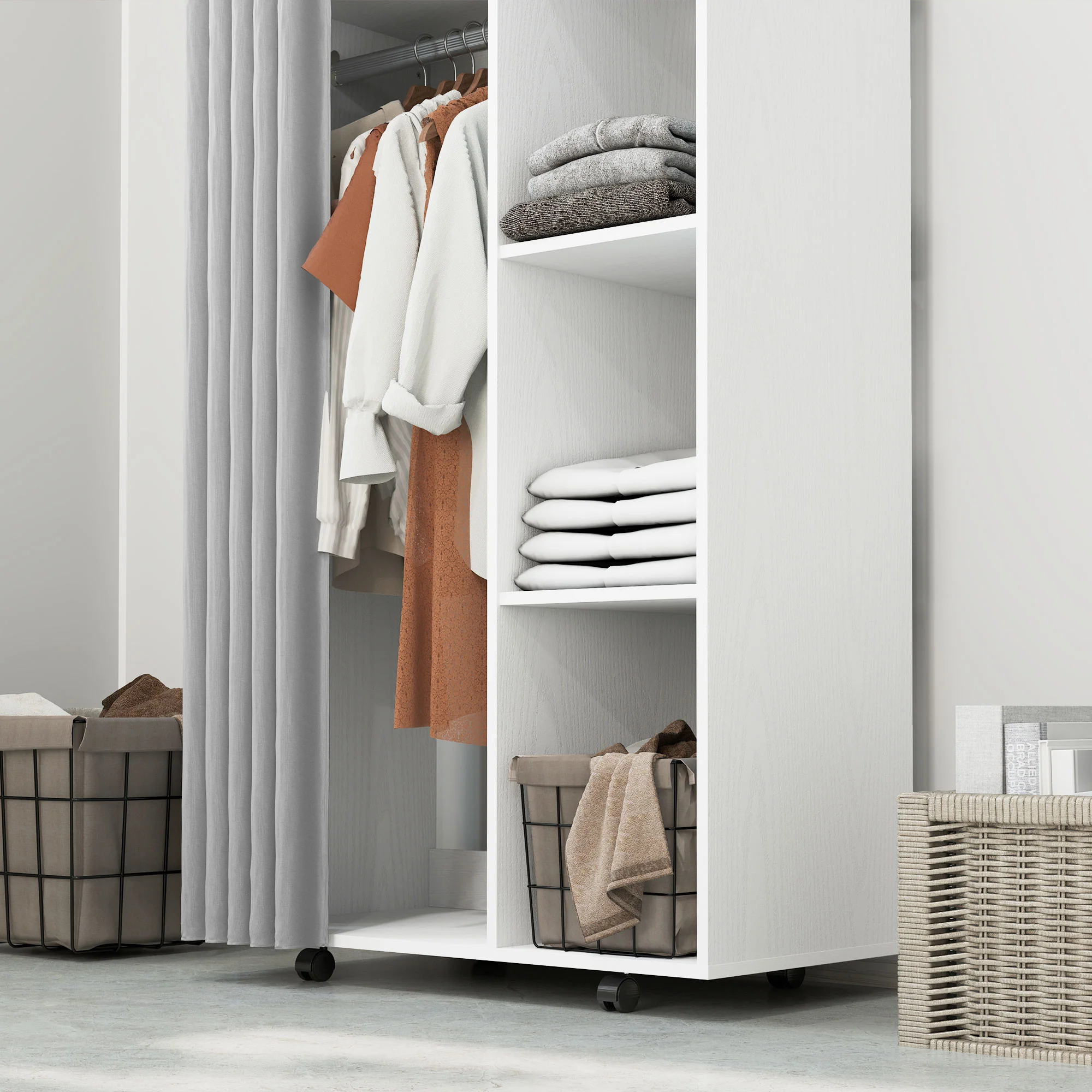 Armoire penderie meuble de rangement mobile 4 roulettes avec tringle à vêtements et étagères ouvertes, penderie vêtement dressing roulant pour chambre à coucher, dim. 80 x 40 x 128 cm, blanc - Image 9
