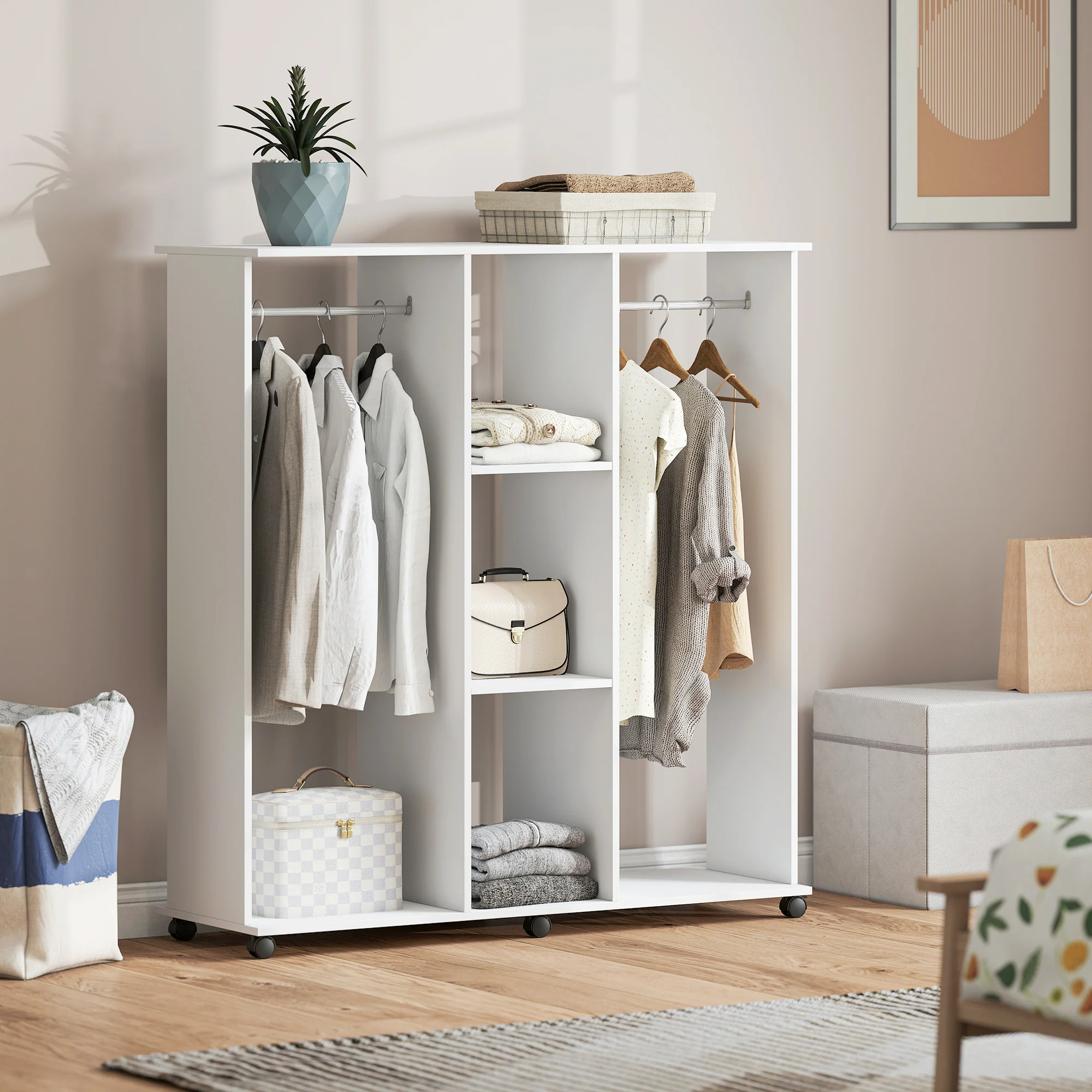 Armoire penderie Meuble de Rangement Mobile 6 roulettes 120L x 40l x 128H cm en bois Blanc - Image 3