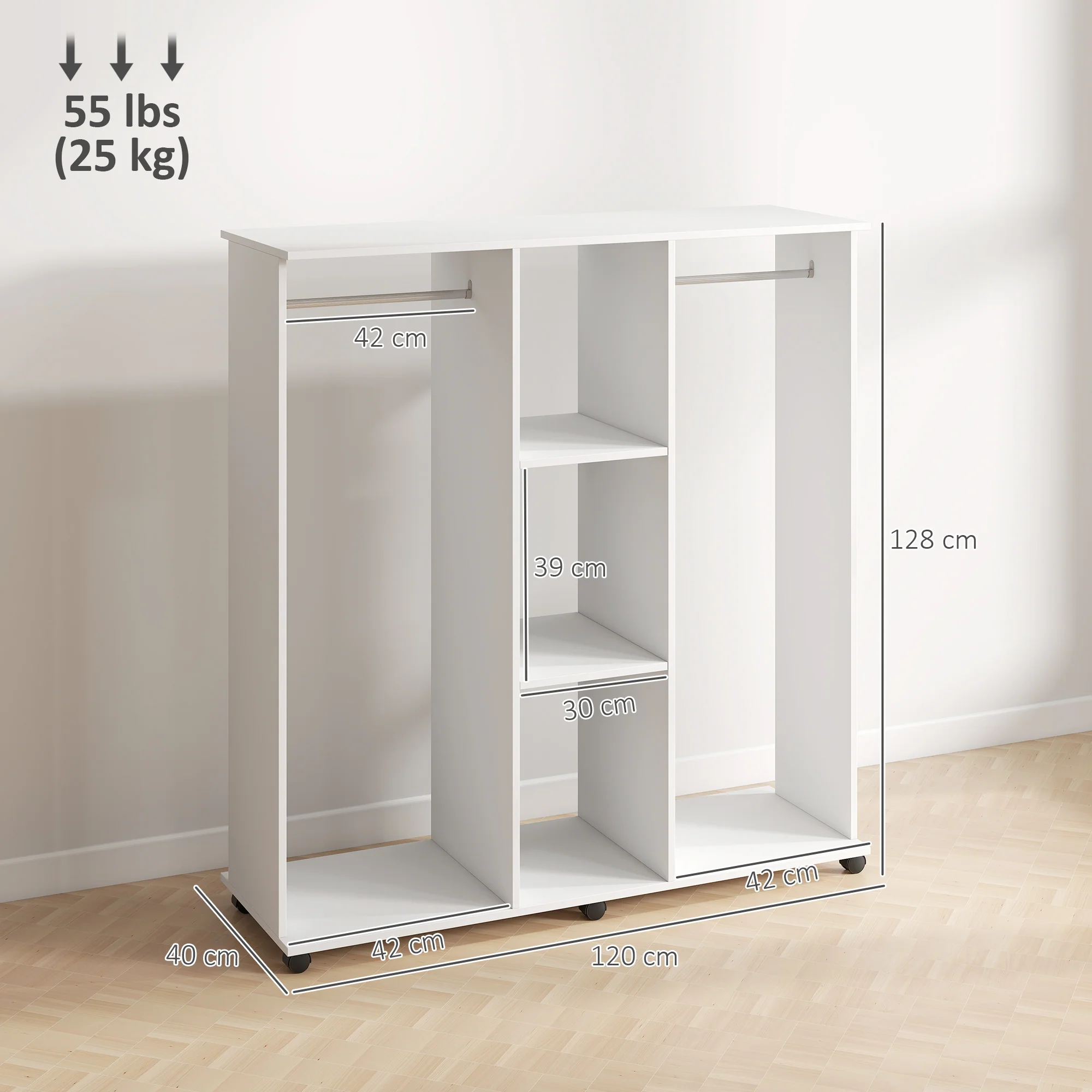 Armoire penderie Meuble de Rangement Mobile 6 roulettes 120L x 40l x 128H cm en bois Blanc - Image 4