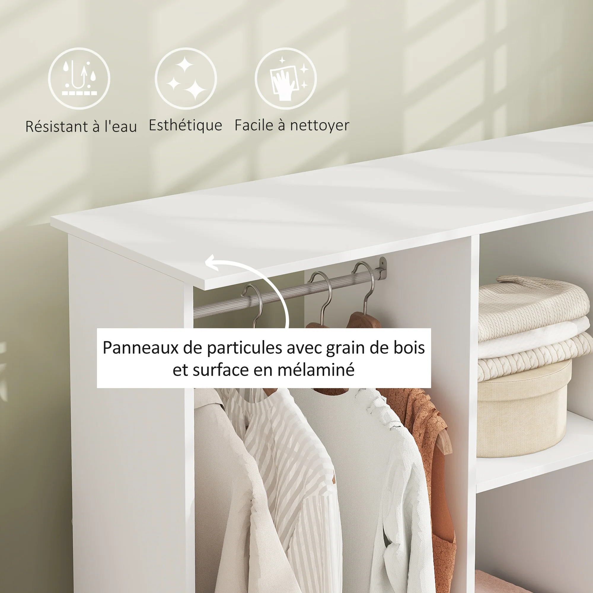 Armoire penderie Meuble de Rangement Mobile 6 roulettes 120L x 40l x 128H cm en bois Blanc - Image 5