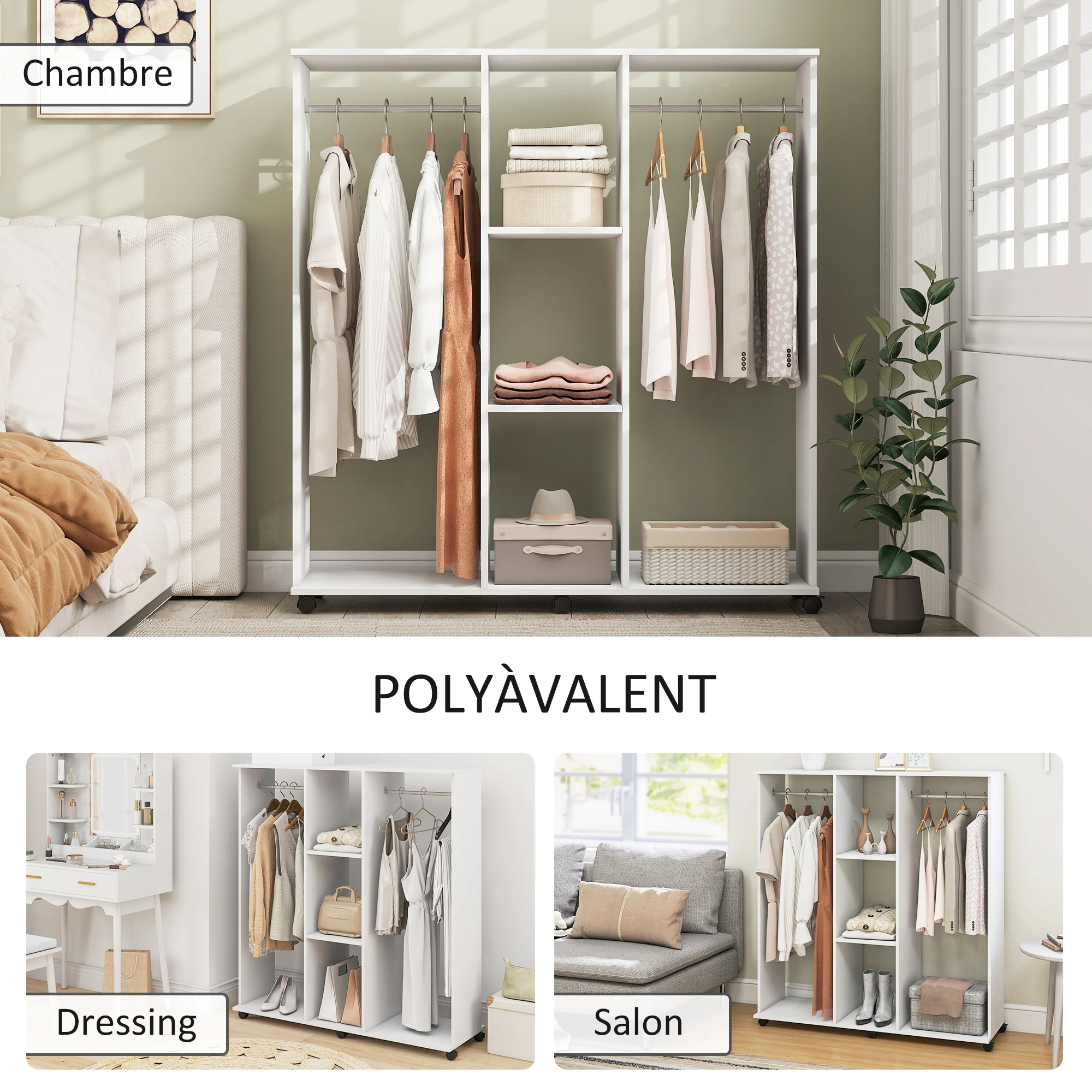 Armoire penderie Meuble de Rangement Mobile 6 roulettes 120L x 40l x 128H cm en bois Blanc - Image 6