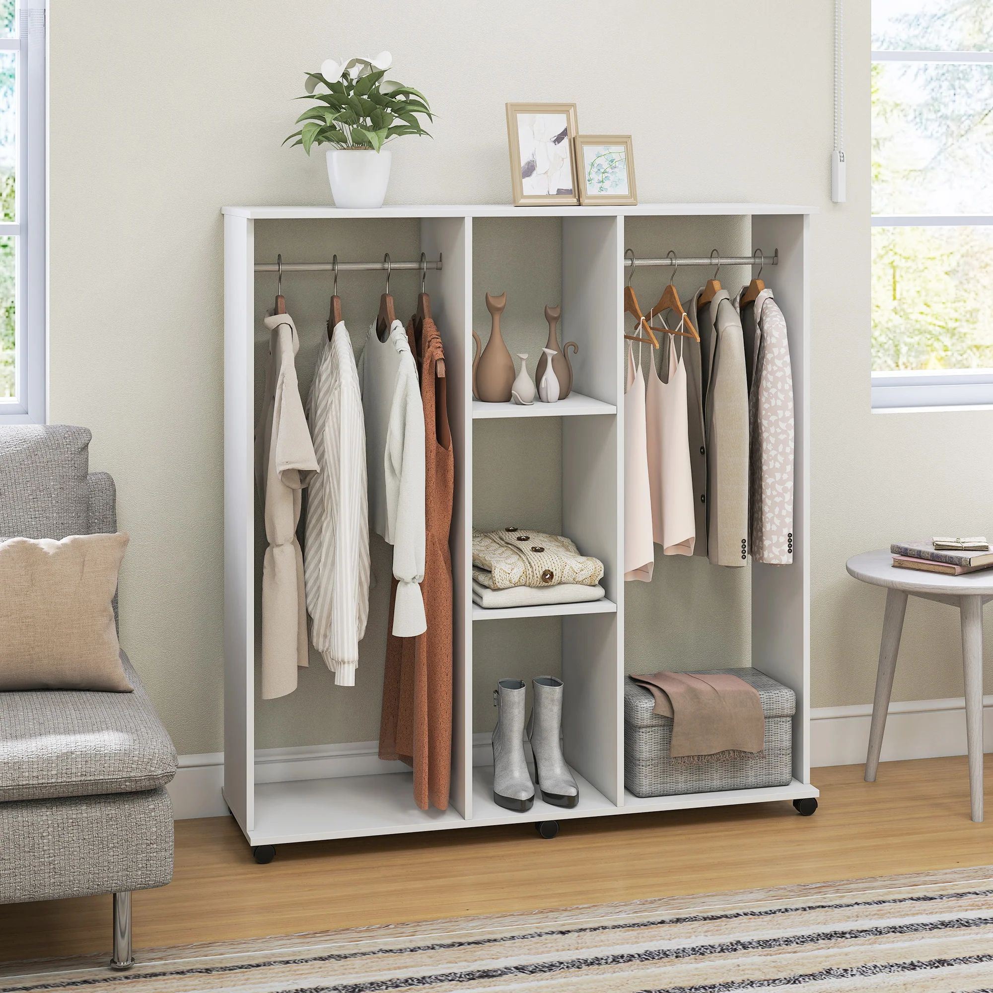 Armoire penderie Meuble de Rangement Mobile 6 roulettes 120L x 40l x 128H cm en bois Blanc - Image 8