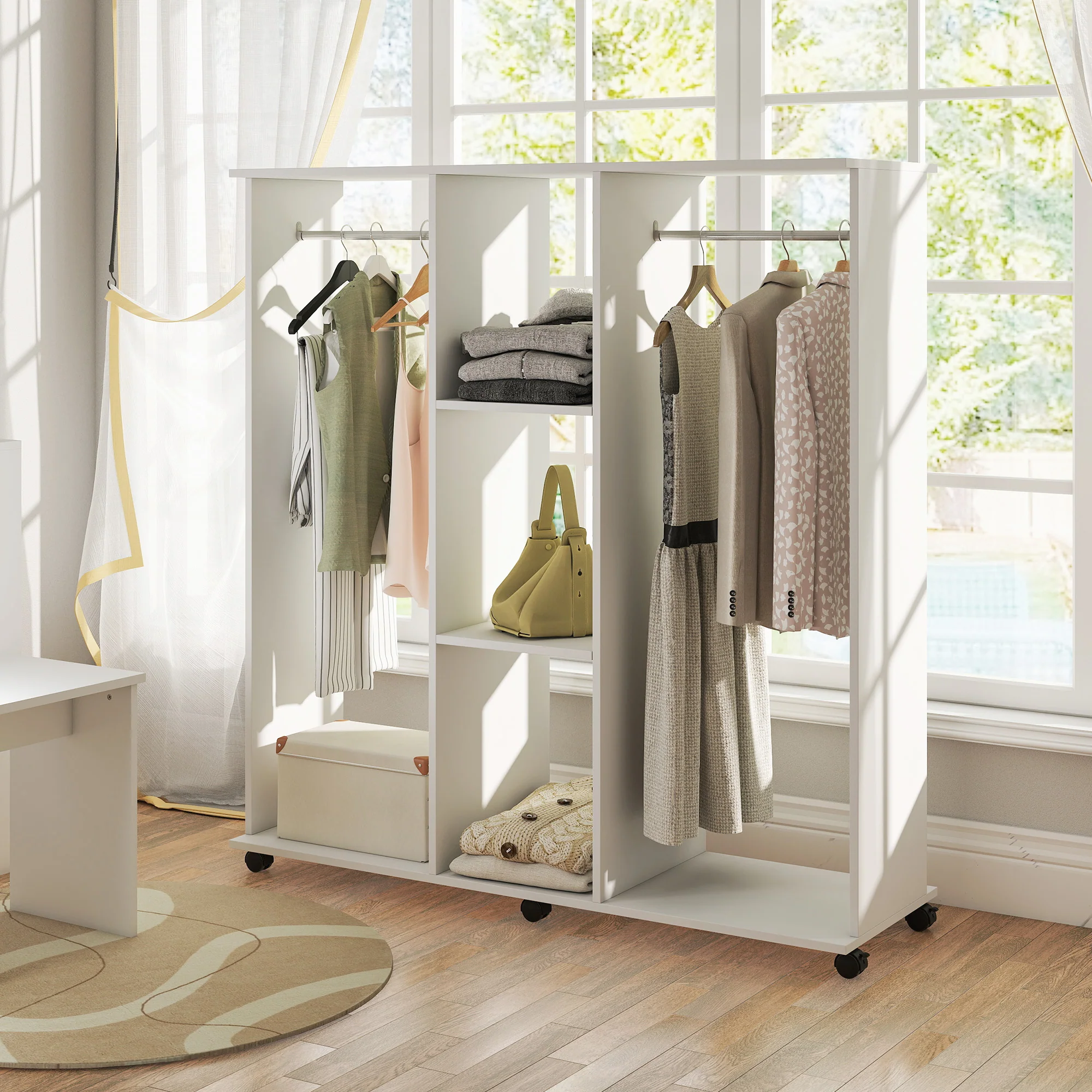 Armoire penderie Meuble de Rangement Mobile 6 roulettes 120L x 40l x 128H cm en bois Blanc - Image 9