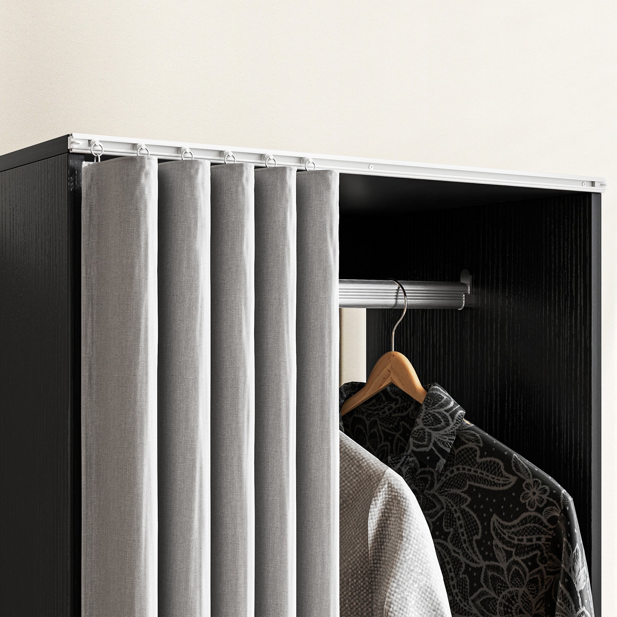 Armoire penderie mobile dressing avec rideau armoire de rangement 4 roulettes avec tringle de suspension et étagères, penderie vêtement roulant pour chambre à coucher, 60 x 40 x 128 cm, noir - Image 10