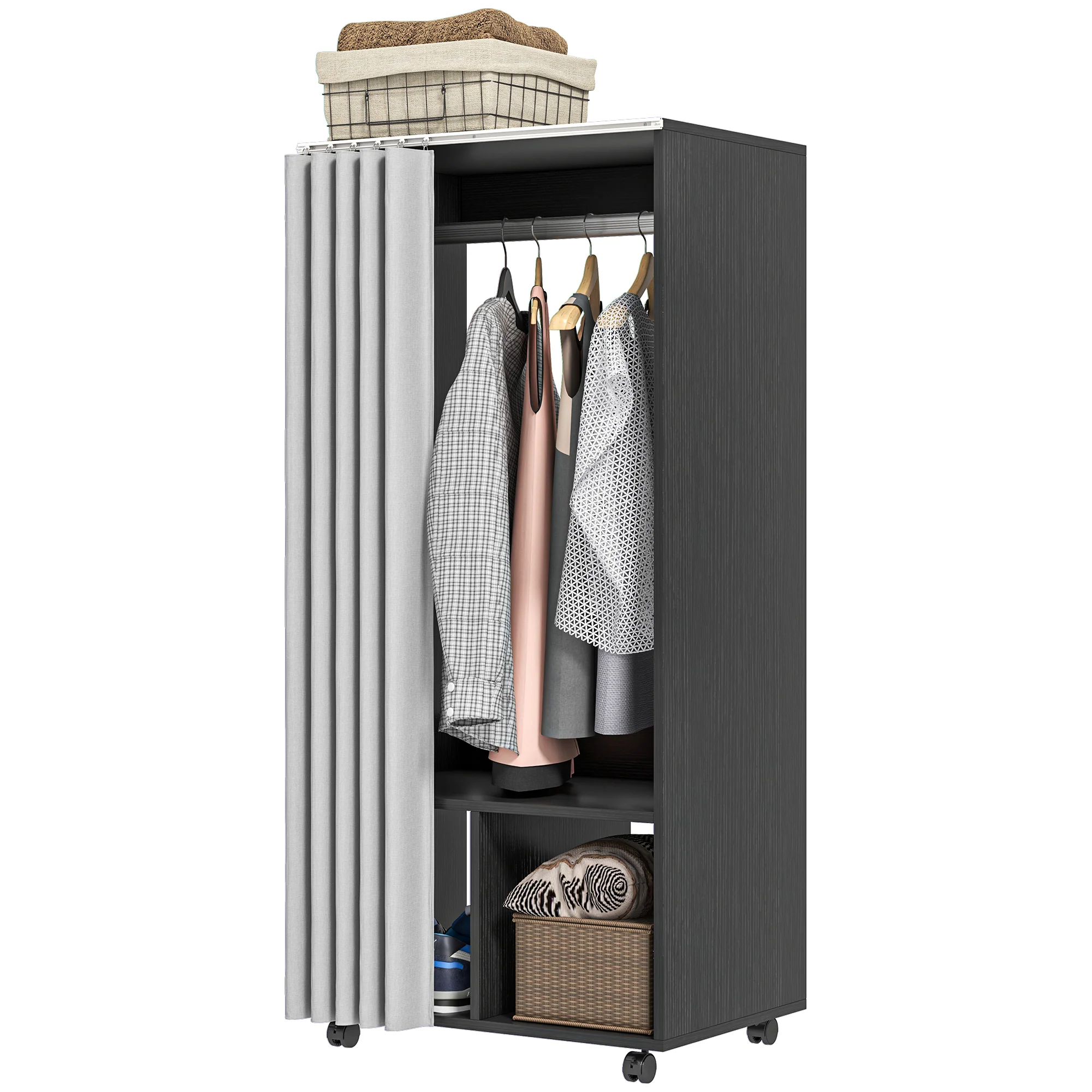 Armoire penderie mobile dressing avec rideau armoire de rangement 4 roulettes avec tringle de suspension et étagères, penderie vêtement roulant pour chambre à coucher, 60 x 40 x 128 cm, noir - Image 11