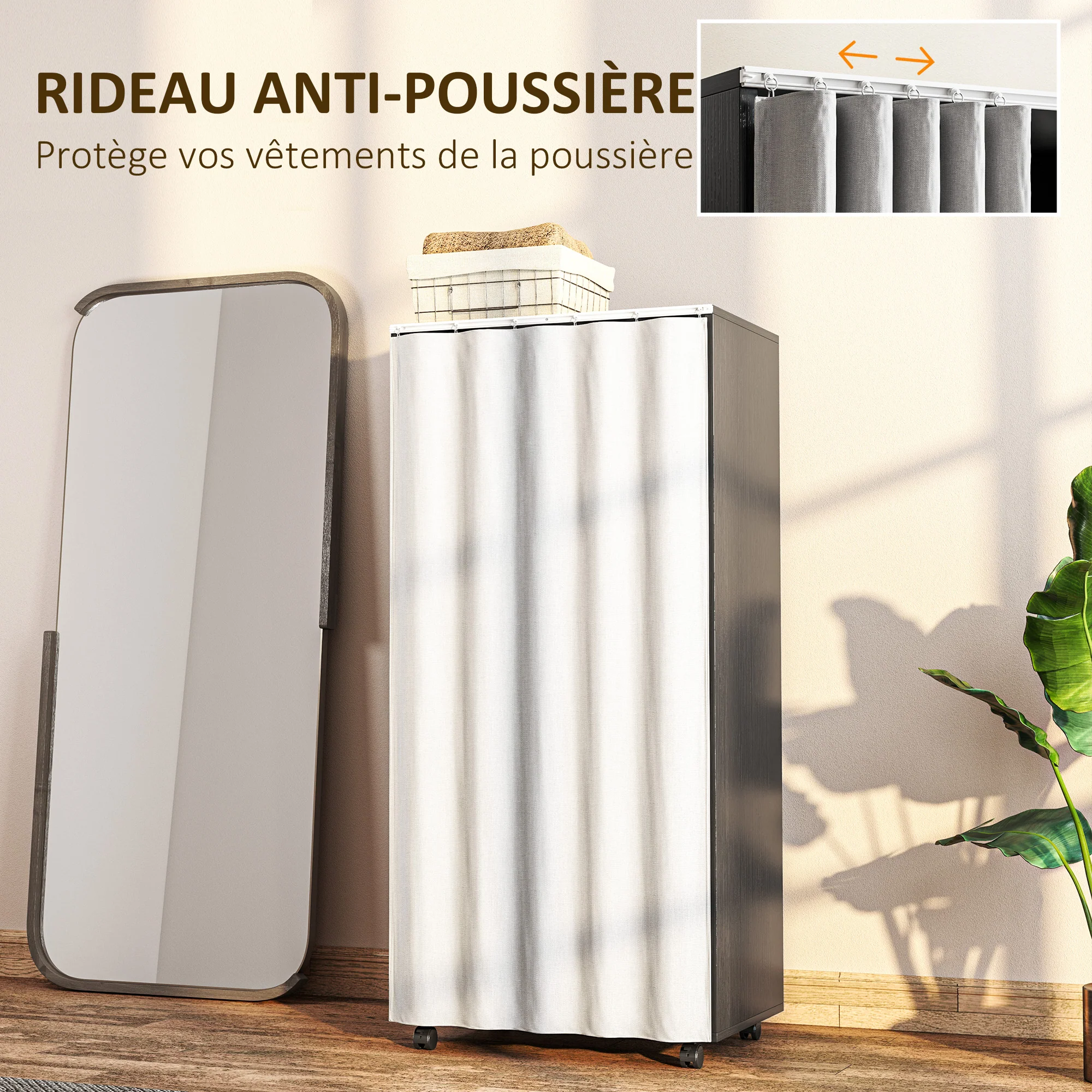 Armoire penderie mobile dressing avec rideau armoire de rangement 4 roulettes avec tringle de suspension et étagères, penderie vêtement roulant pour chambre à coucher, 60 x 40 x 128 cm, noir - Image 6
