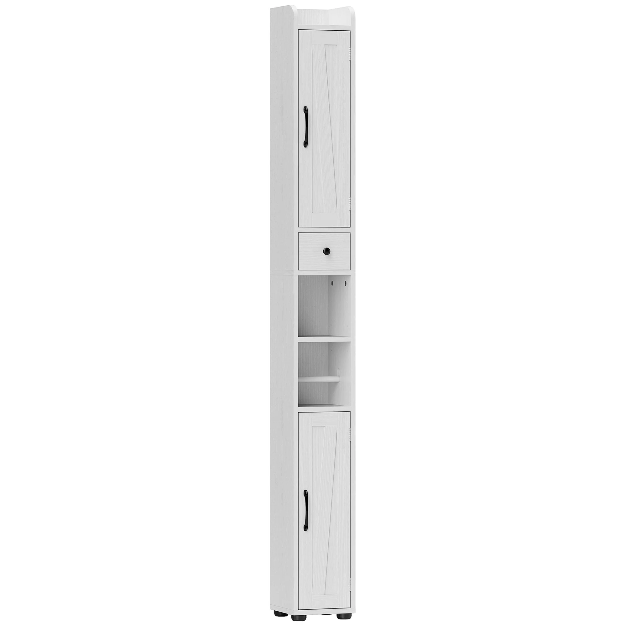Armoire salle de bain haute, meuble de rangement colonne, 2 portes, tiroir, niches ouvertes, étagères réglables et porte-papier, meuble étroit pour toilette, petits espaces, 20x20x185cm, blanc - Image 2