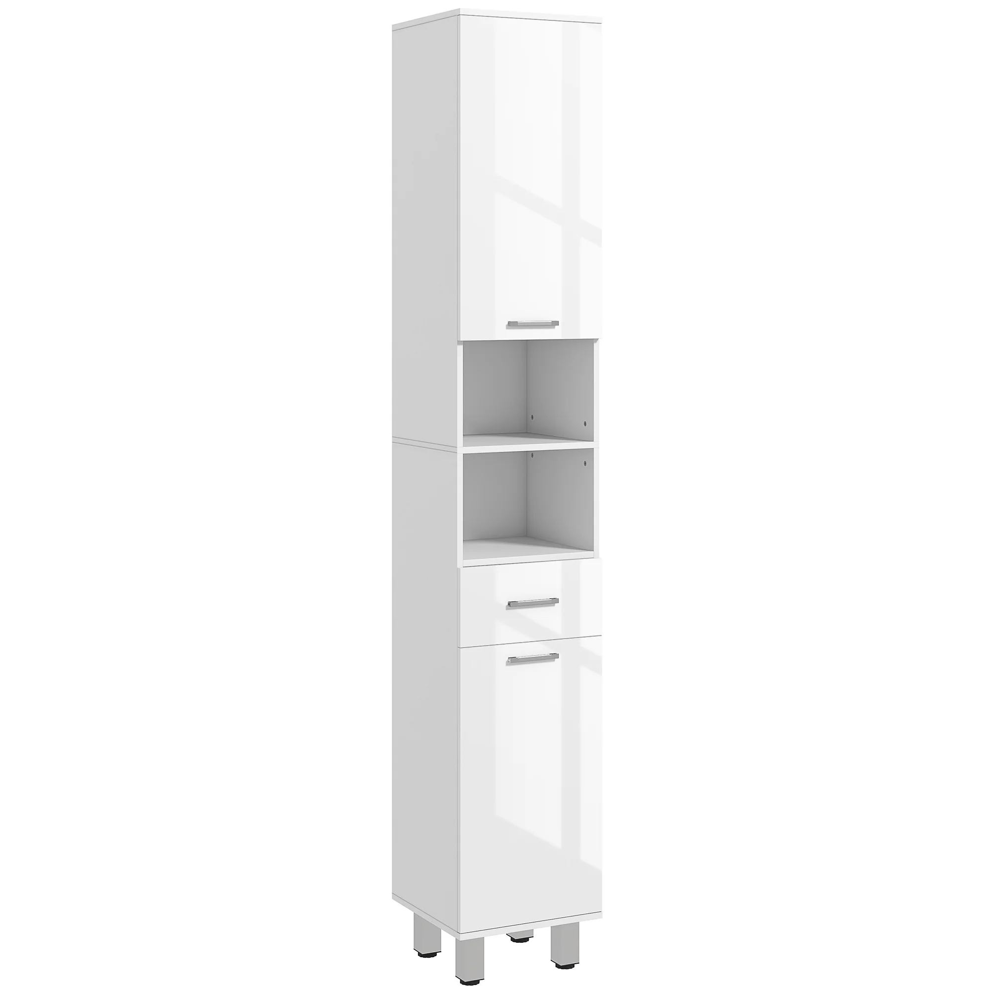 Armoire salle de bain haute, meuble de rangement colonne, placards, tiroir, étagères réglables, niches ouvertes, grand meuble étroit pour toilette, petits espaces, 30x30x180cm, blanc brillant - Image 11